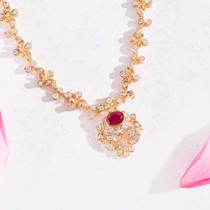 Gold-Plated Ruby & CZ Stone Necklace Set with Earrings
