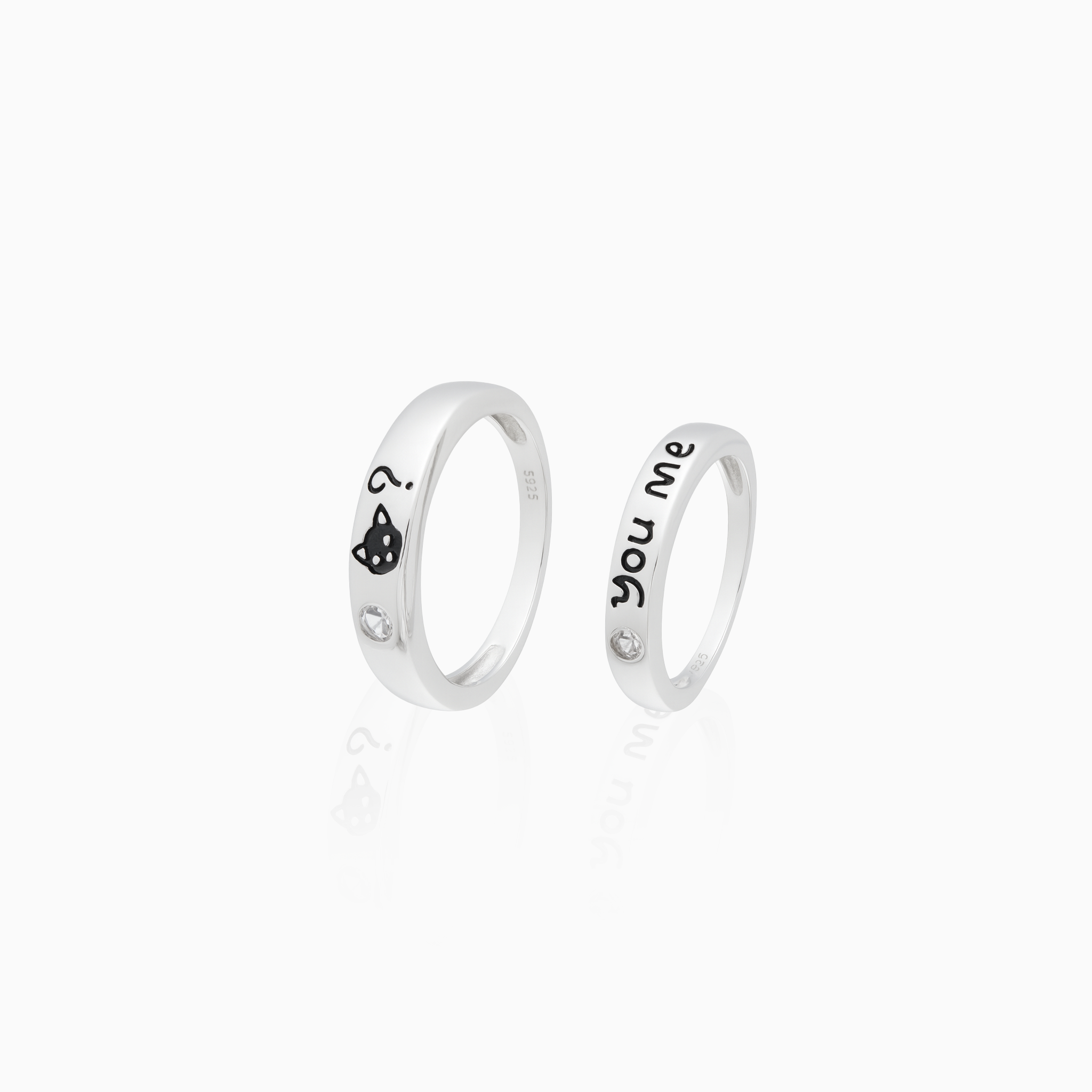 Silver “You & Me” Couple Rings with Heart Motif
