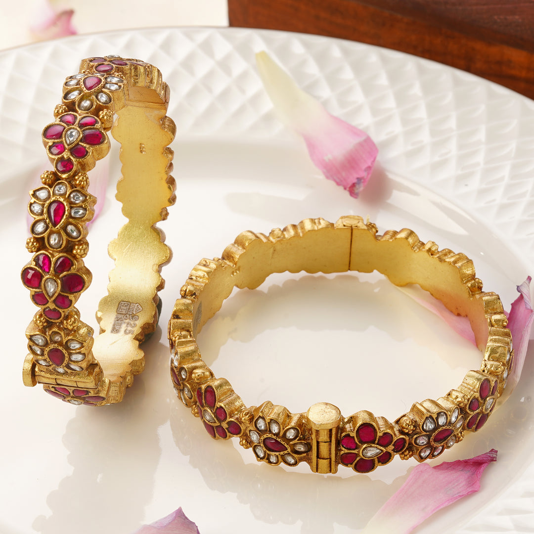 Screw type gold plated bangles with Kundan stones size 2.4