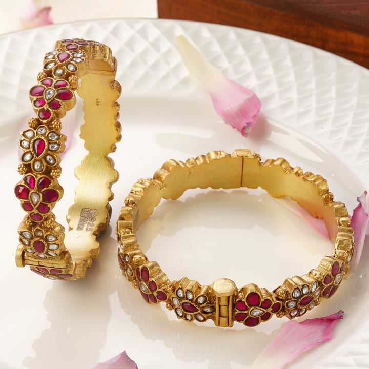 Screw type gold plated bangles with Kundan stones size 2.4