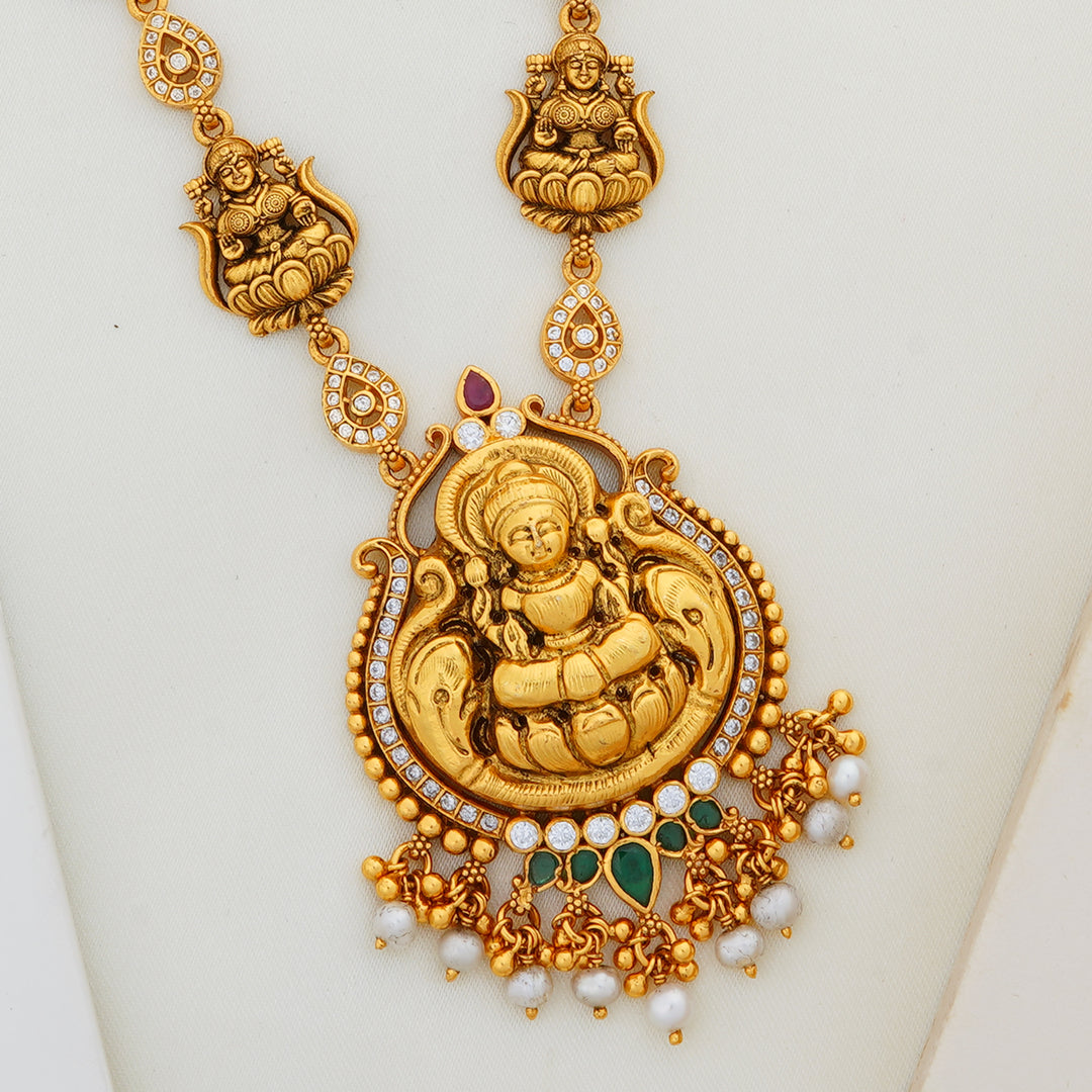 Sculpted Goddess Lakshmi Temple Necklace in Gold Polish