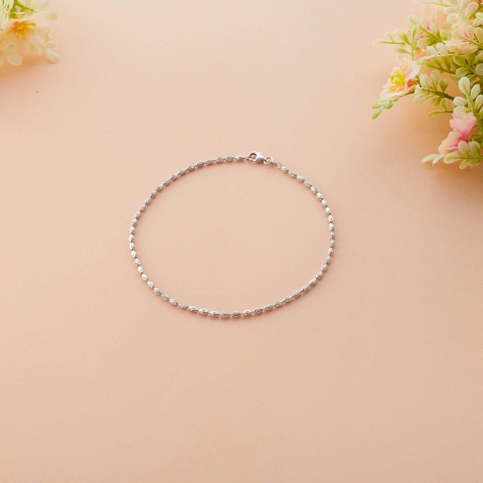 Silver Beaded Oval Anklet Ishna