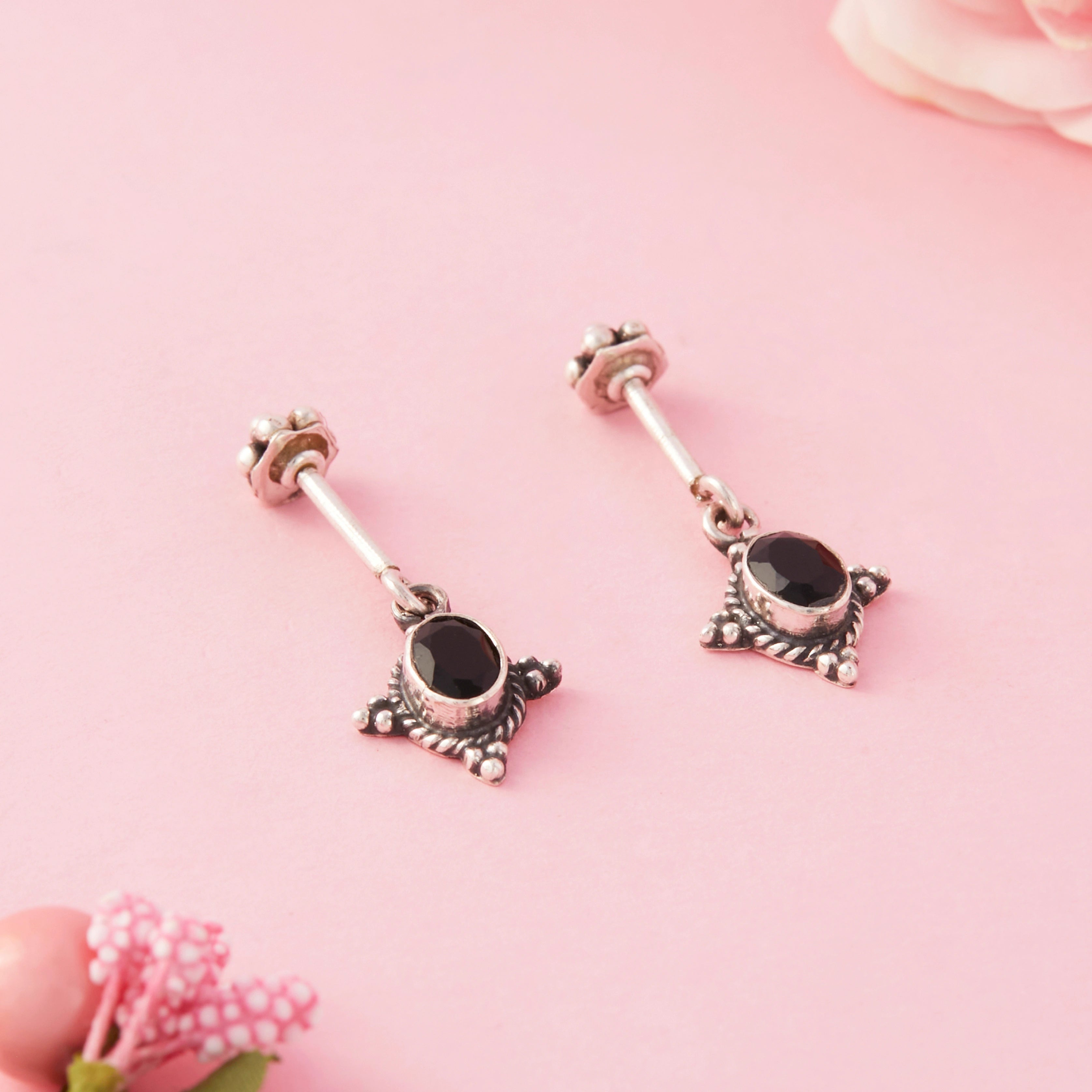Silver Black Stone Stud Earrings Ishna