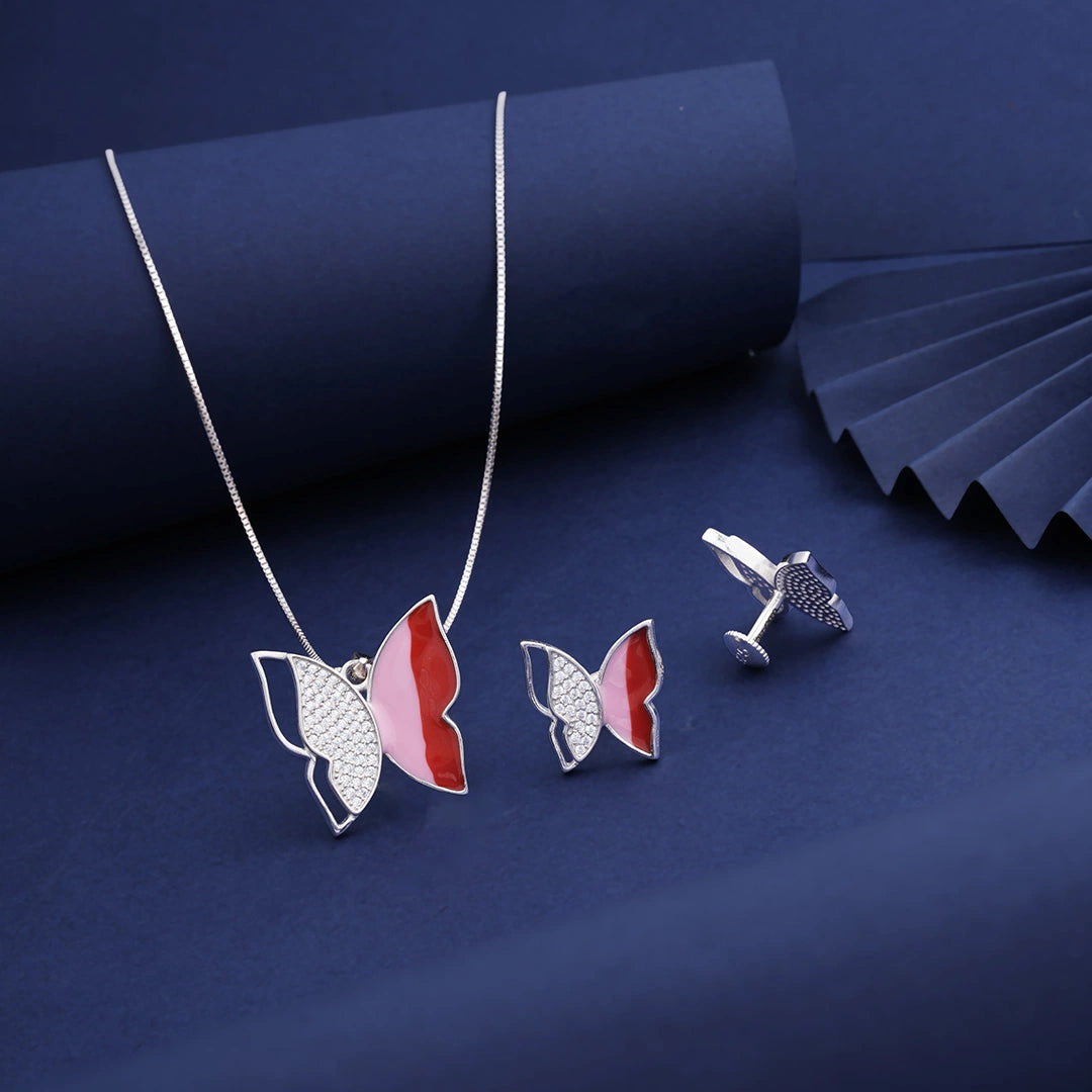 Silver Butterfly Pendant Chain and Earrings Ishna