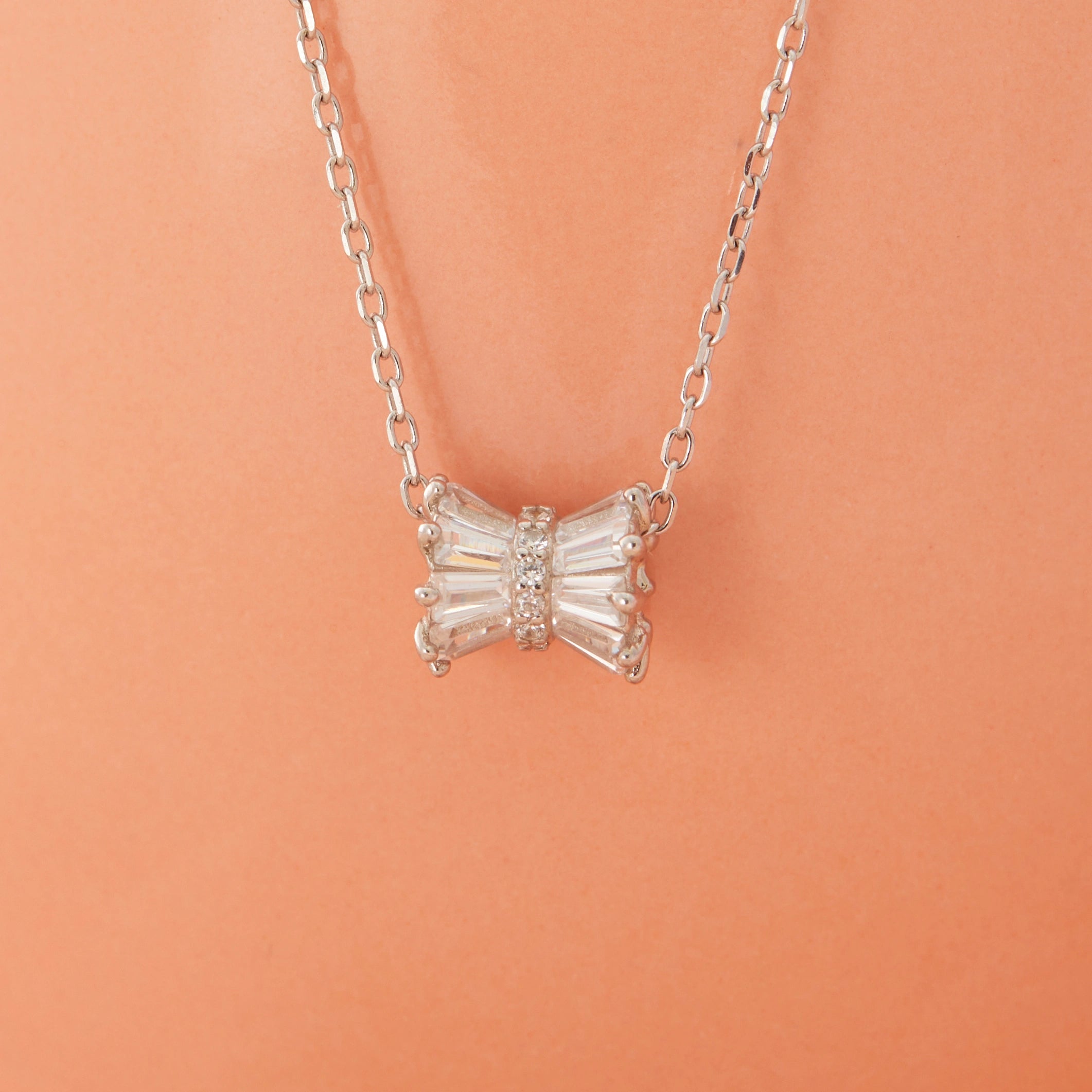 Silver CZ Baguette Stone Bow Pendant Chain Ishna