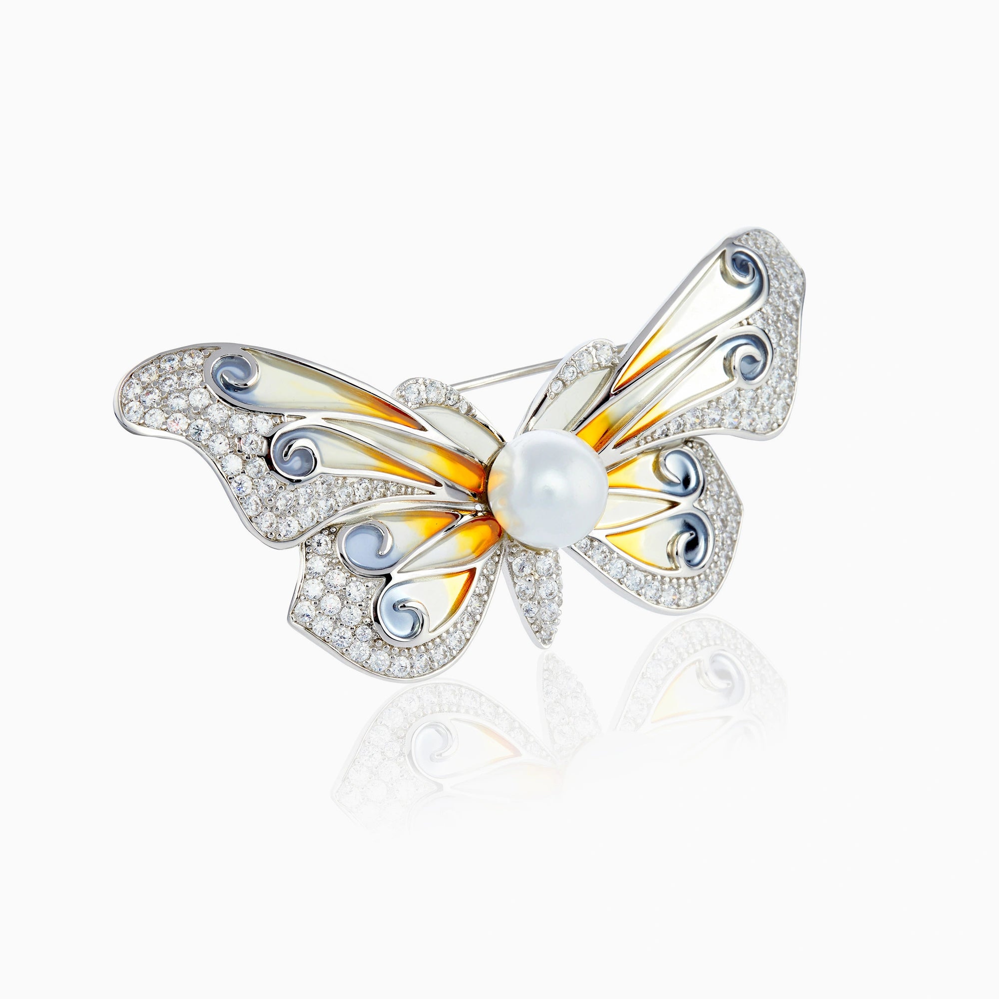 Silver CZ Butterfly Pearl Brooch Pin Ishna