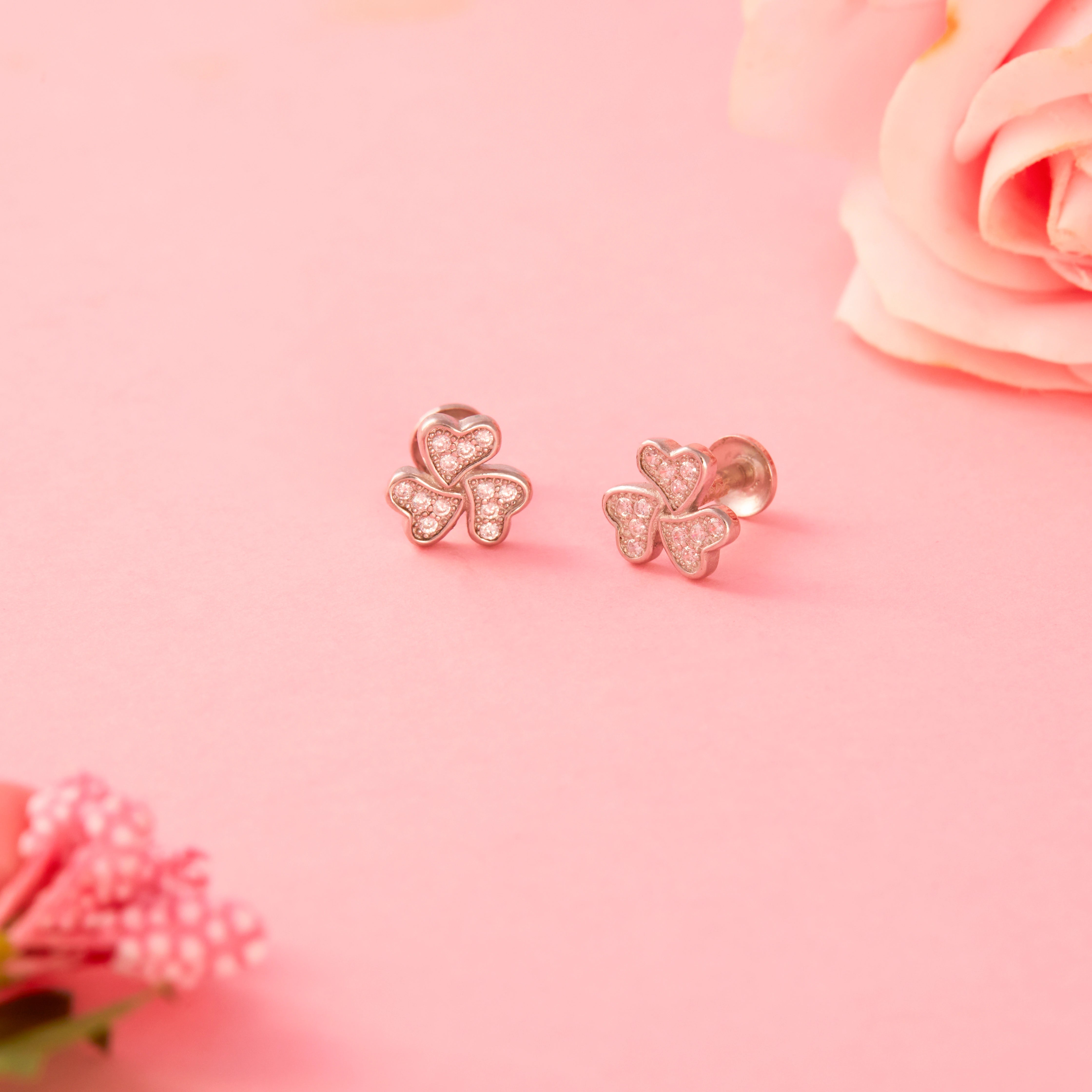 Silver CZ Clover Heart Earrings Ishna
