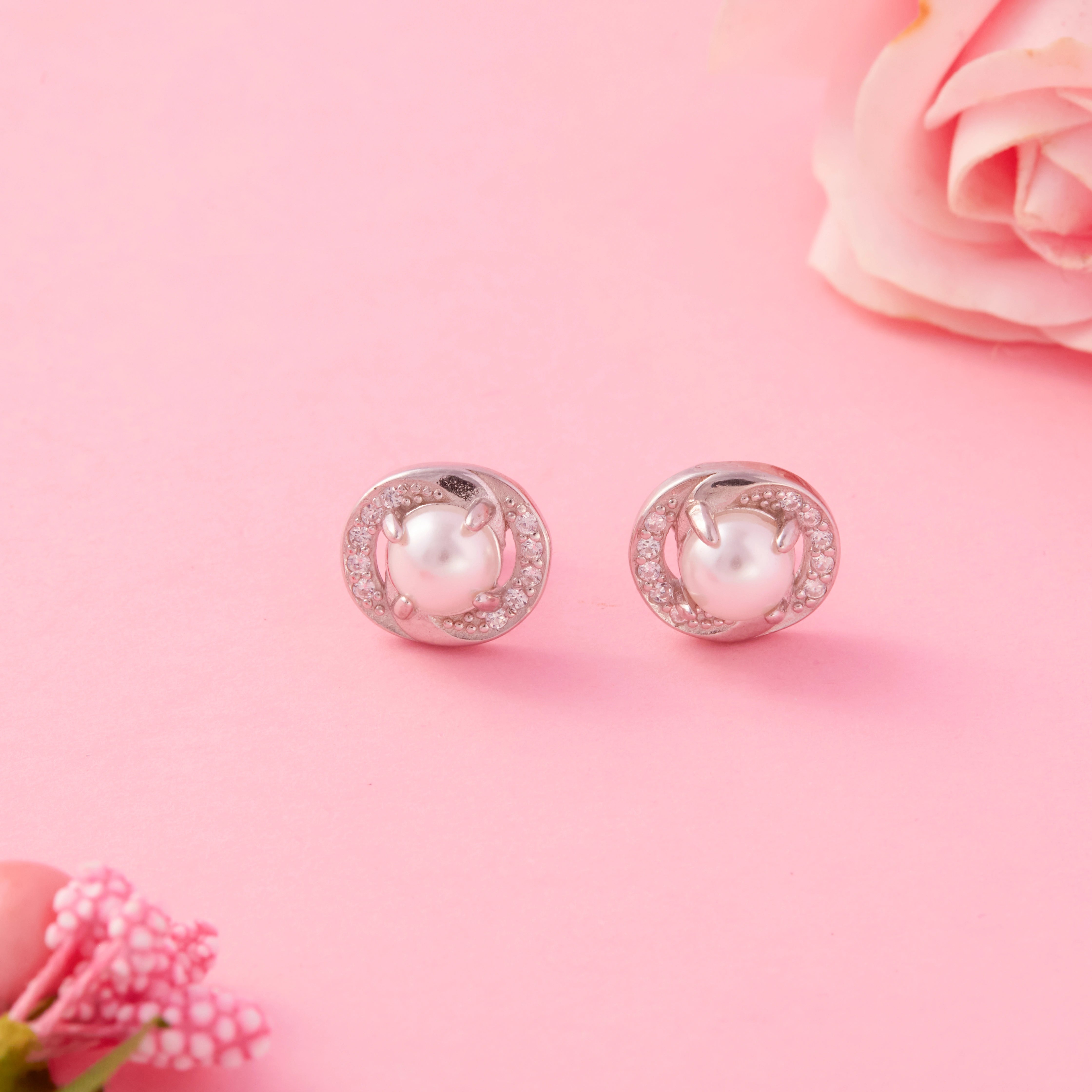 Silver CZ Swirl Pearl Earrings Ishna
