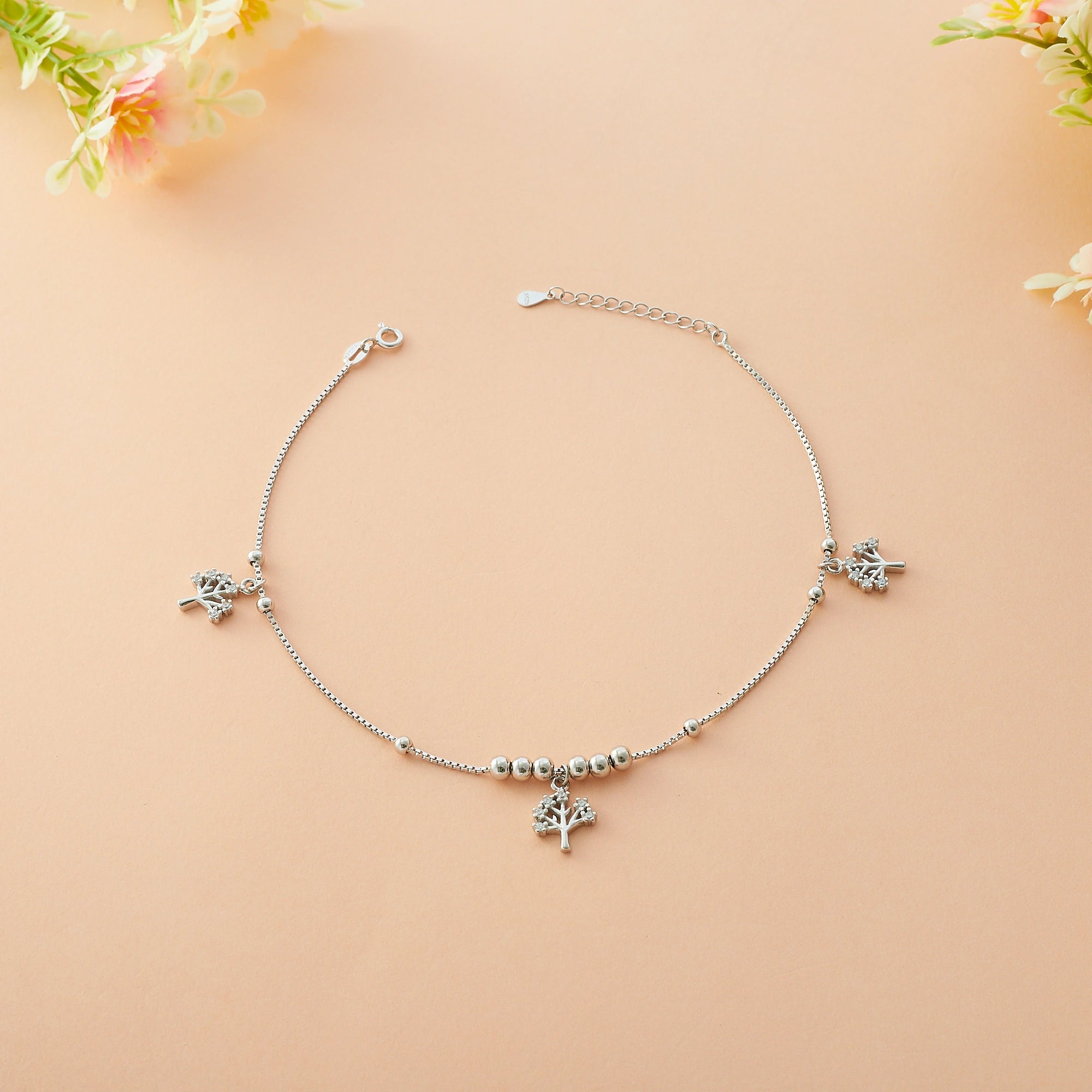 Silver CZ Tree of Life Motif Charm Anklet Ishna