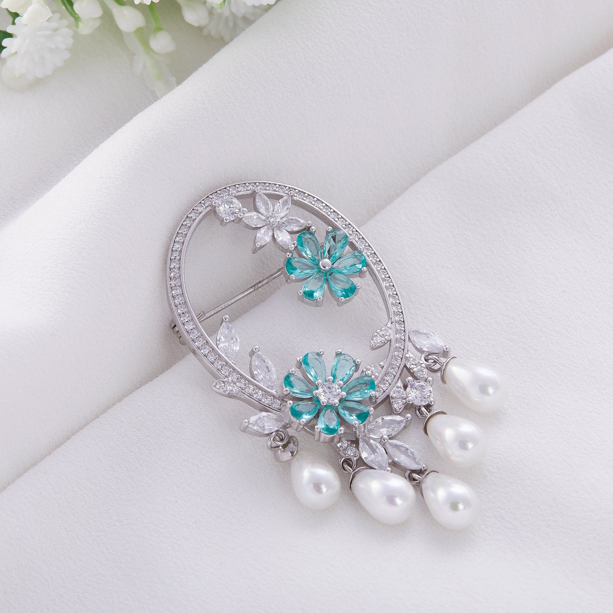 Silver Floral Pearl Brooch - Ishna