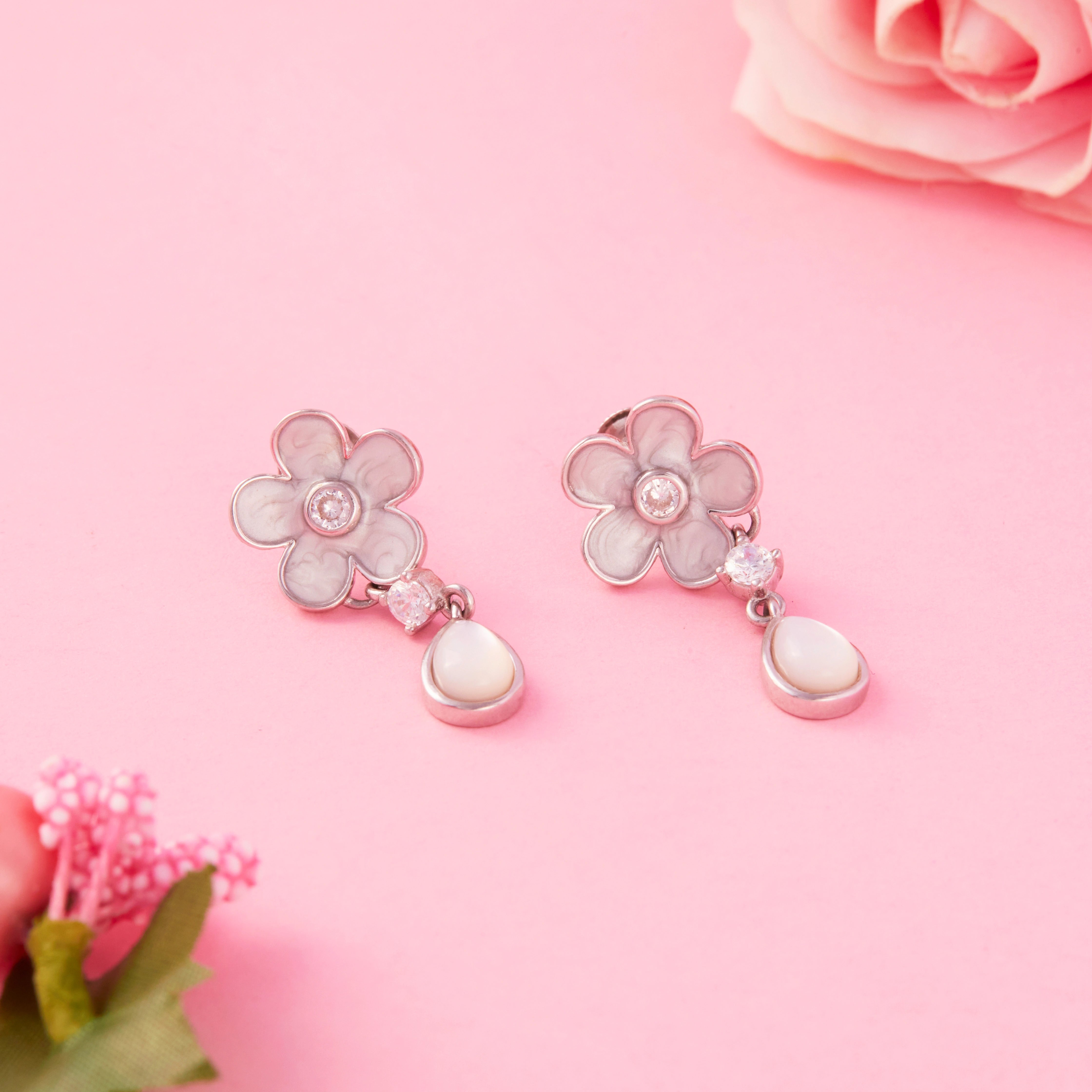Silver Floral Teardrop Stud Earrings Ishna