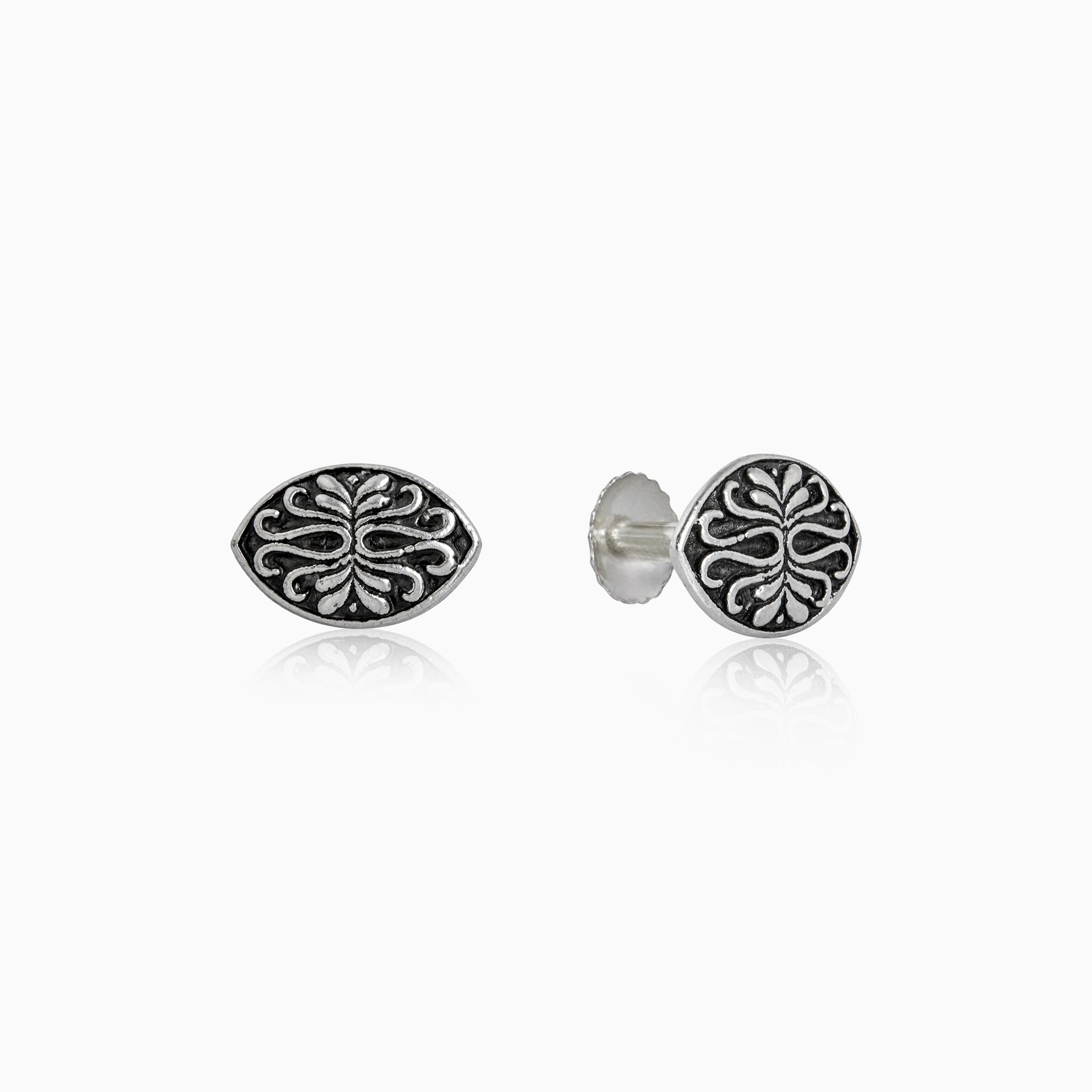 Silver Oxidised Oval Side Stud Earrings Ishna