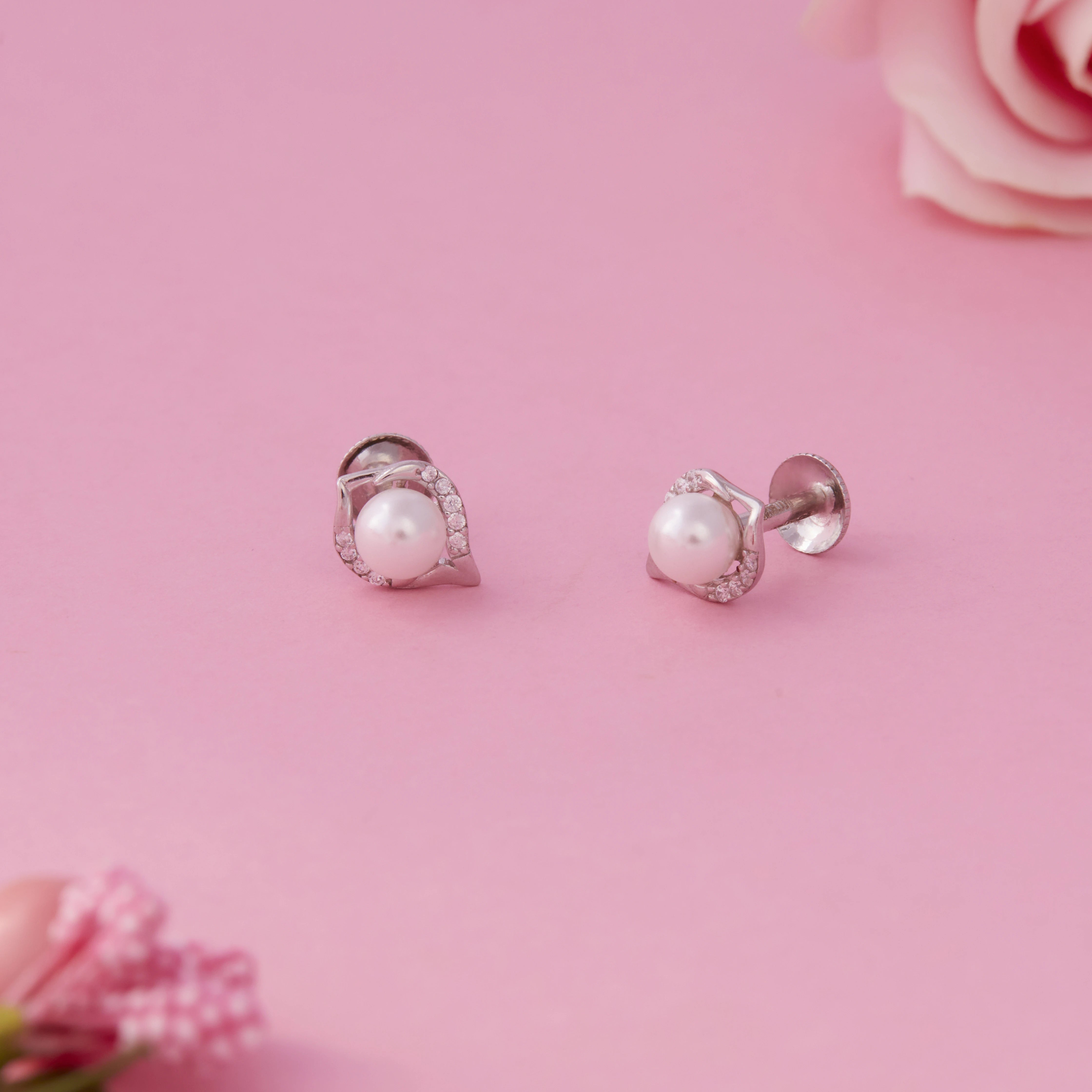 Silver Pearl Accent Stud Earrings Ishna