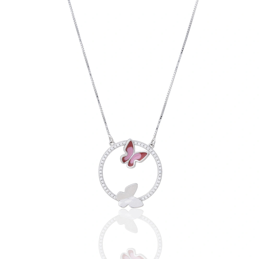 Silver Pink Butterfly Pendant Chain Set Ishna