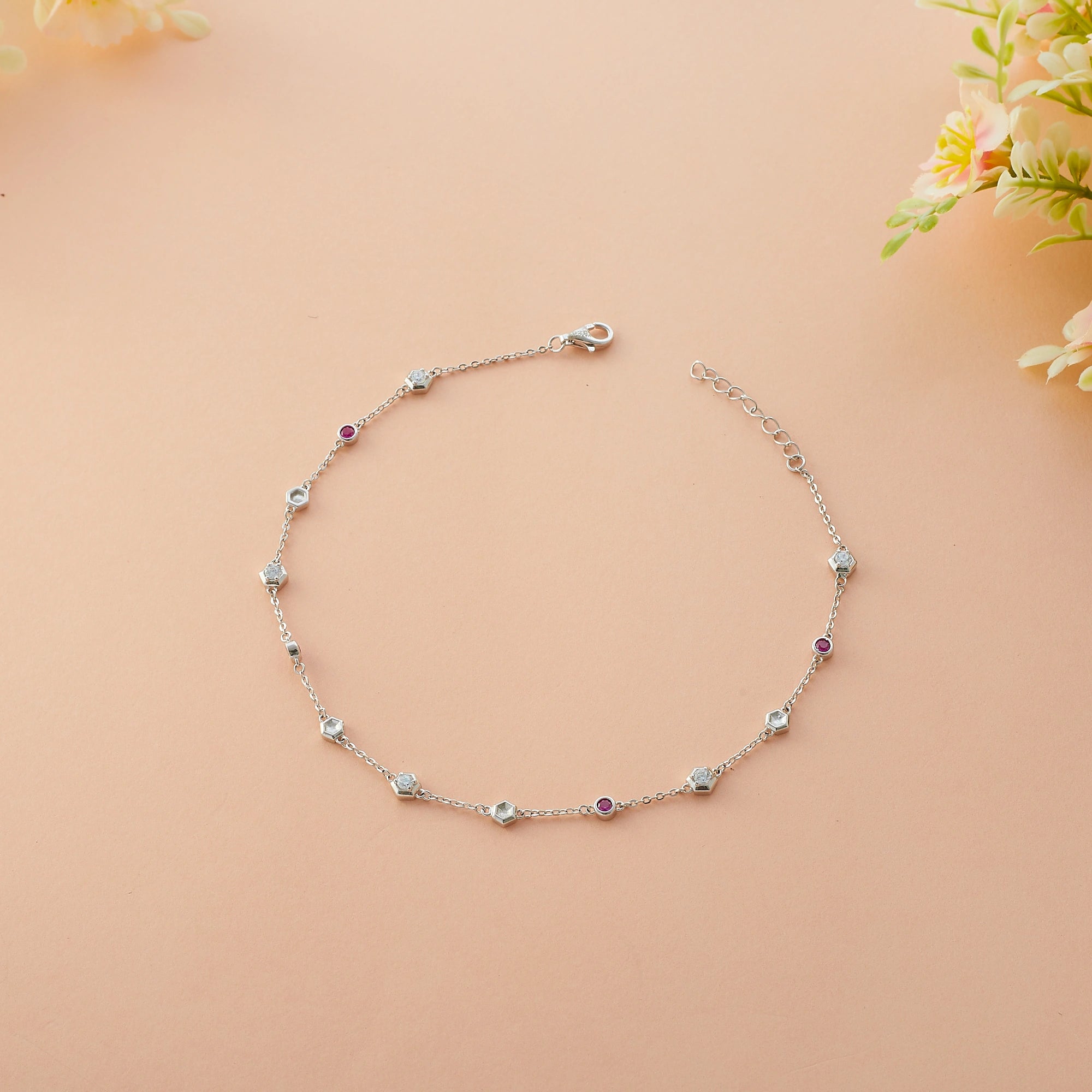Silver Ruby Stone Anklet Ishna