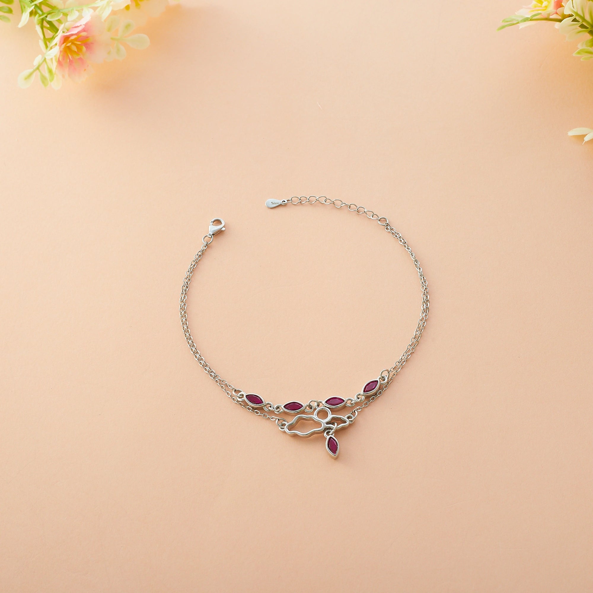 Silver Ruby Stone Leaf Motif Charm Anklet Ishna