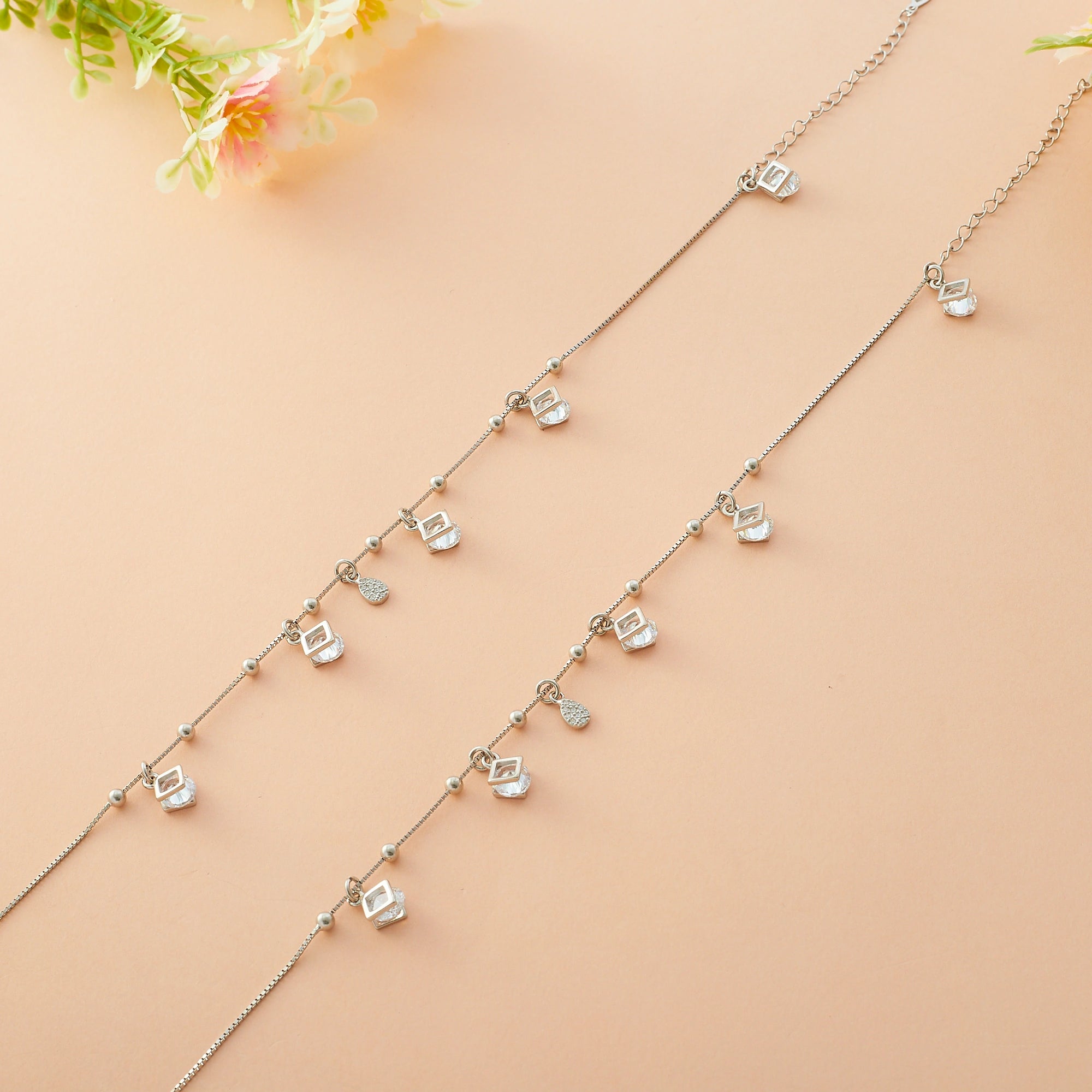 Silver Square Charm Anklet Ishna