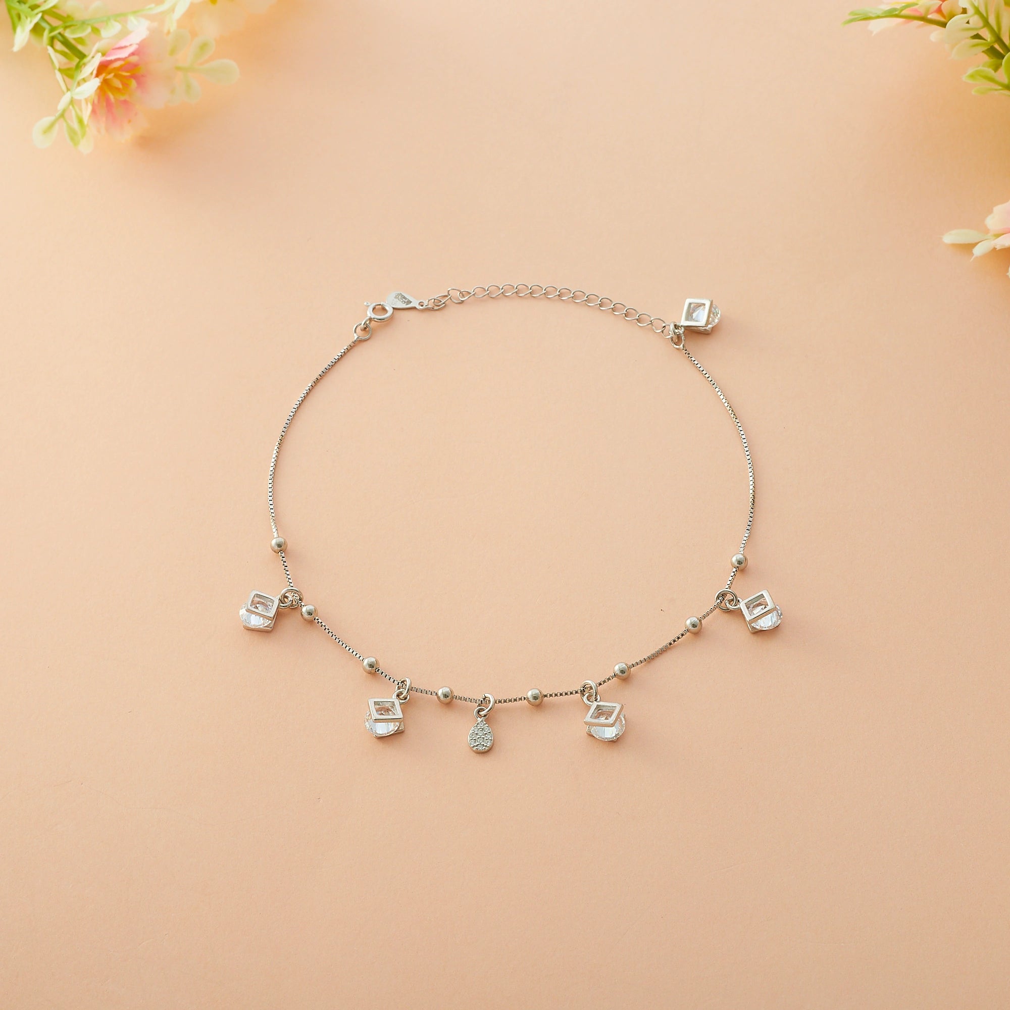 Silver Square Motif Stones Anklet Ishna 