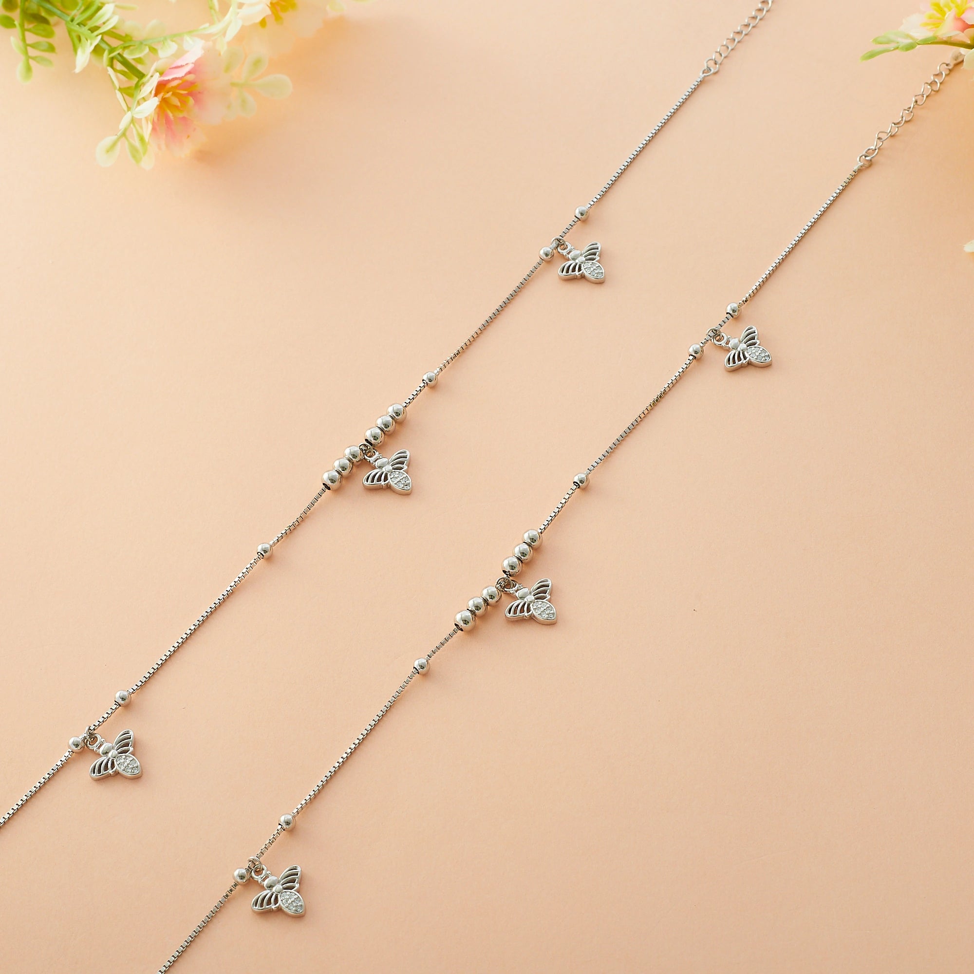 Silver Triple Bee Motif Anklet