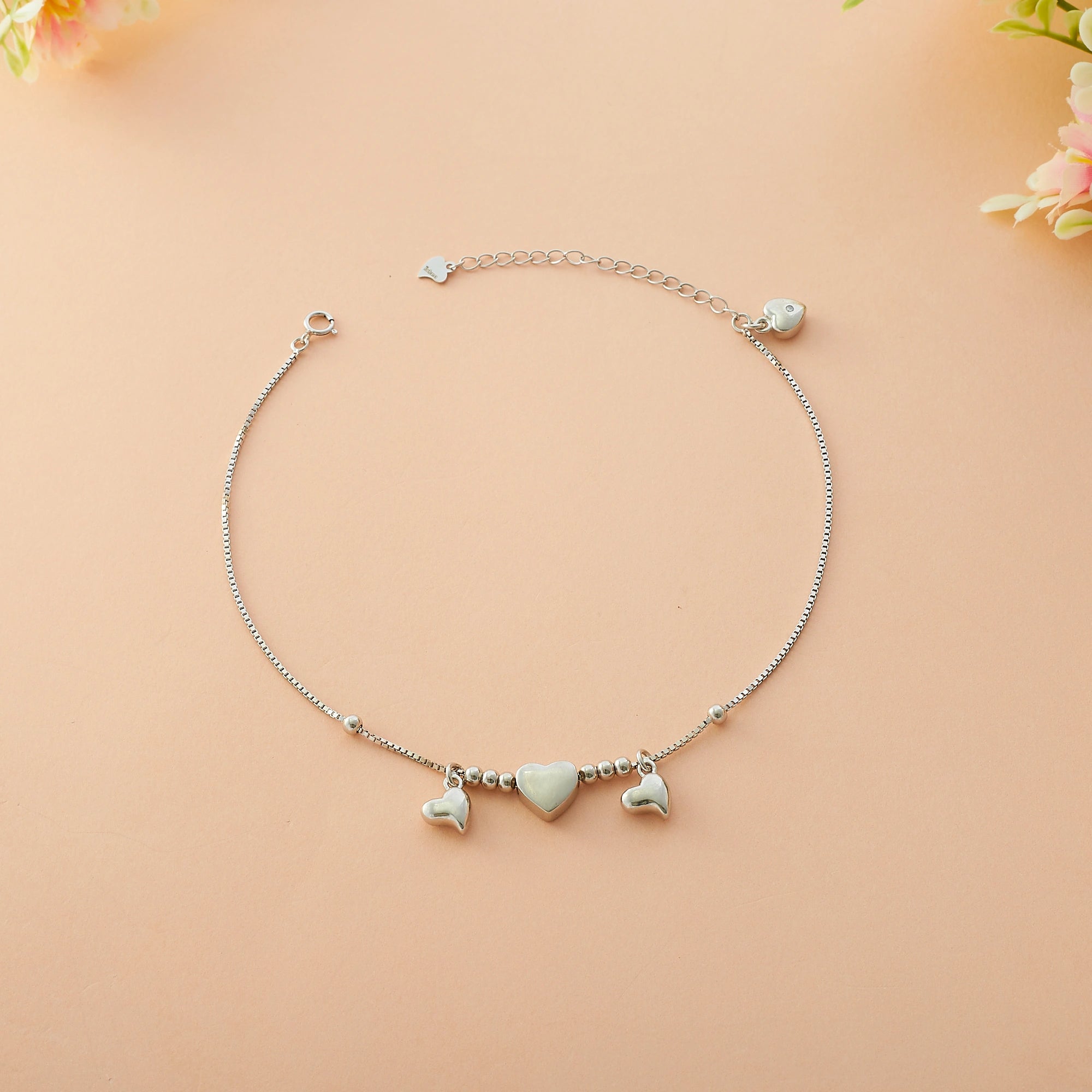 Silver Triple Heart Motif Anklet Ishna