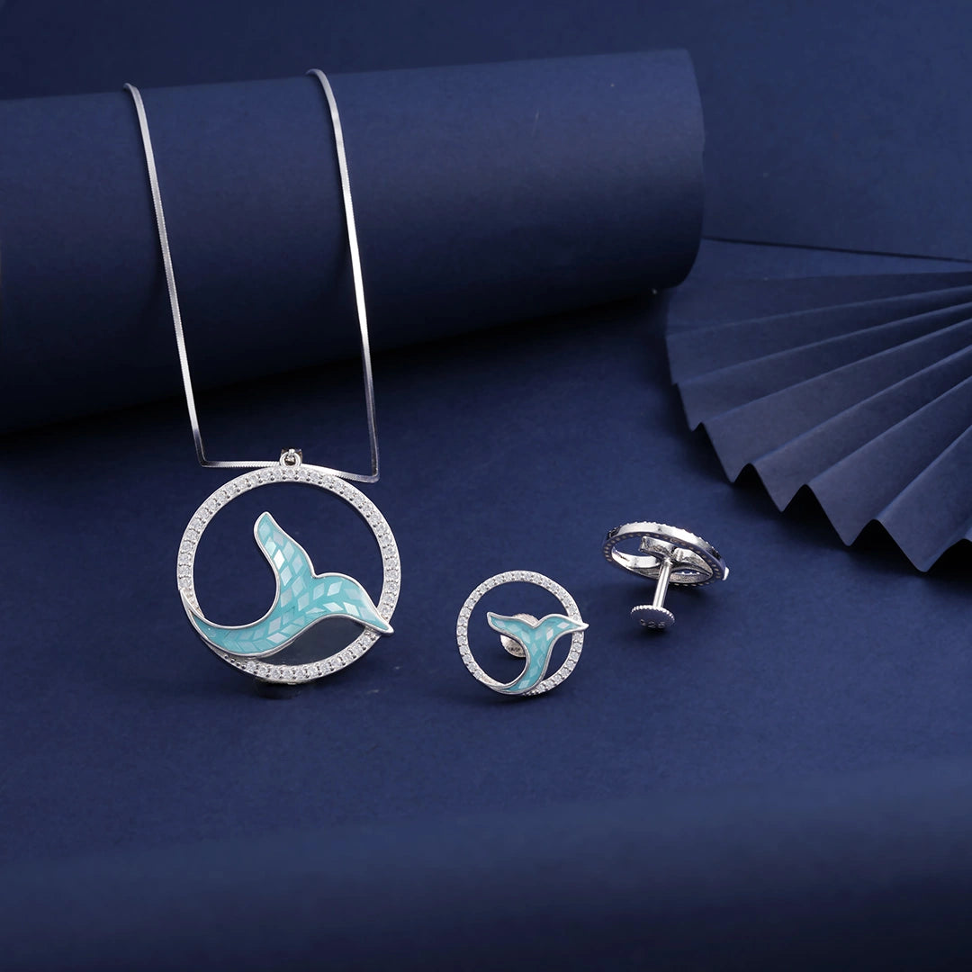Silver Whale Tail Pendant Chain & Earrings Ishna