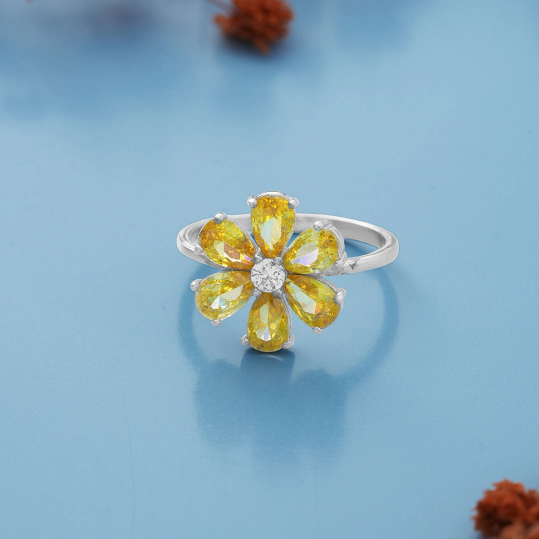 Silver Yellow Stone Shaped Floral Ring Ishna