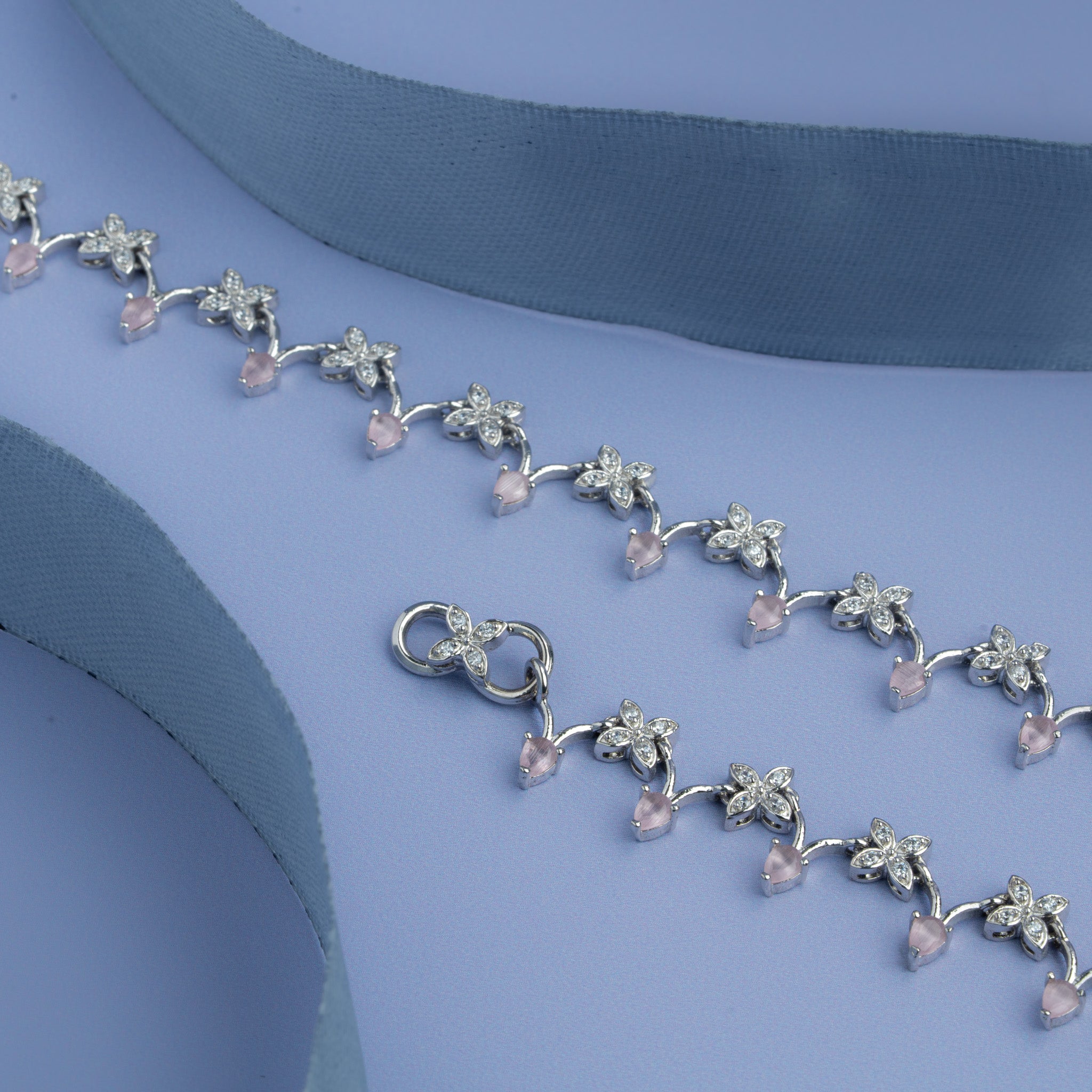 Silver anklet with crystal flower charms 