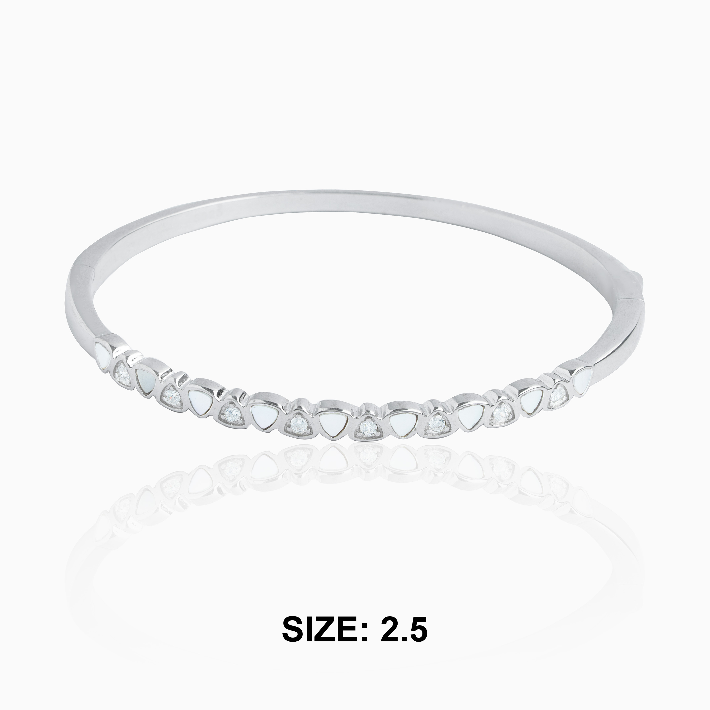 Silver bangle with heart motifs and stones