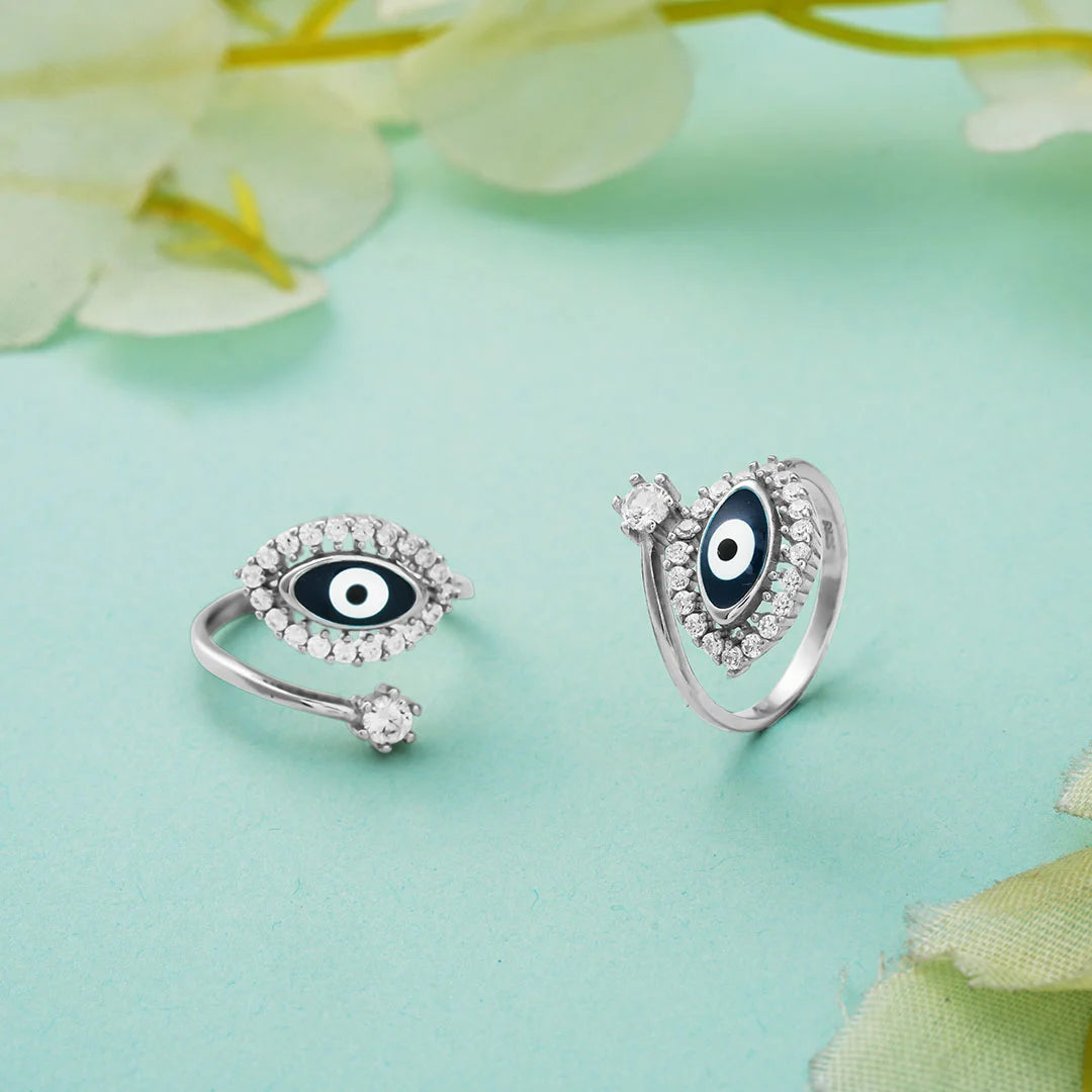 Silver black evil eye crystal toe rings pair