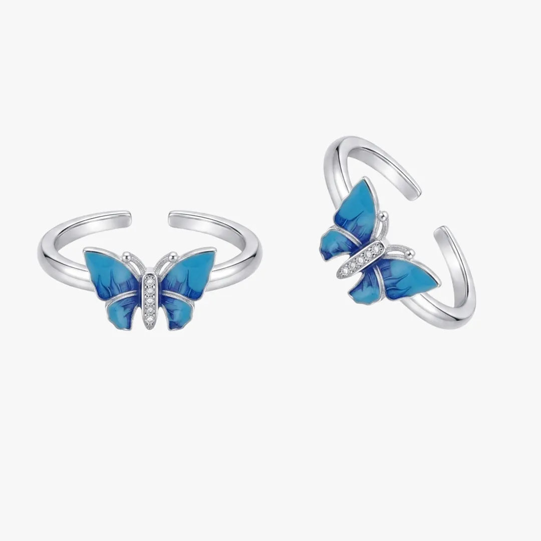 Silver blue butterfly toe ring pair