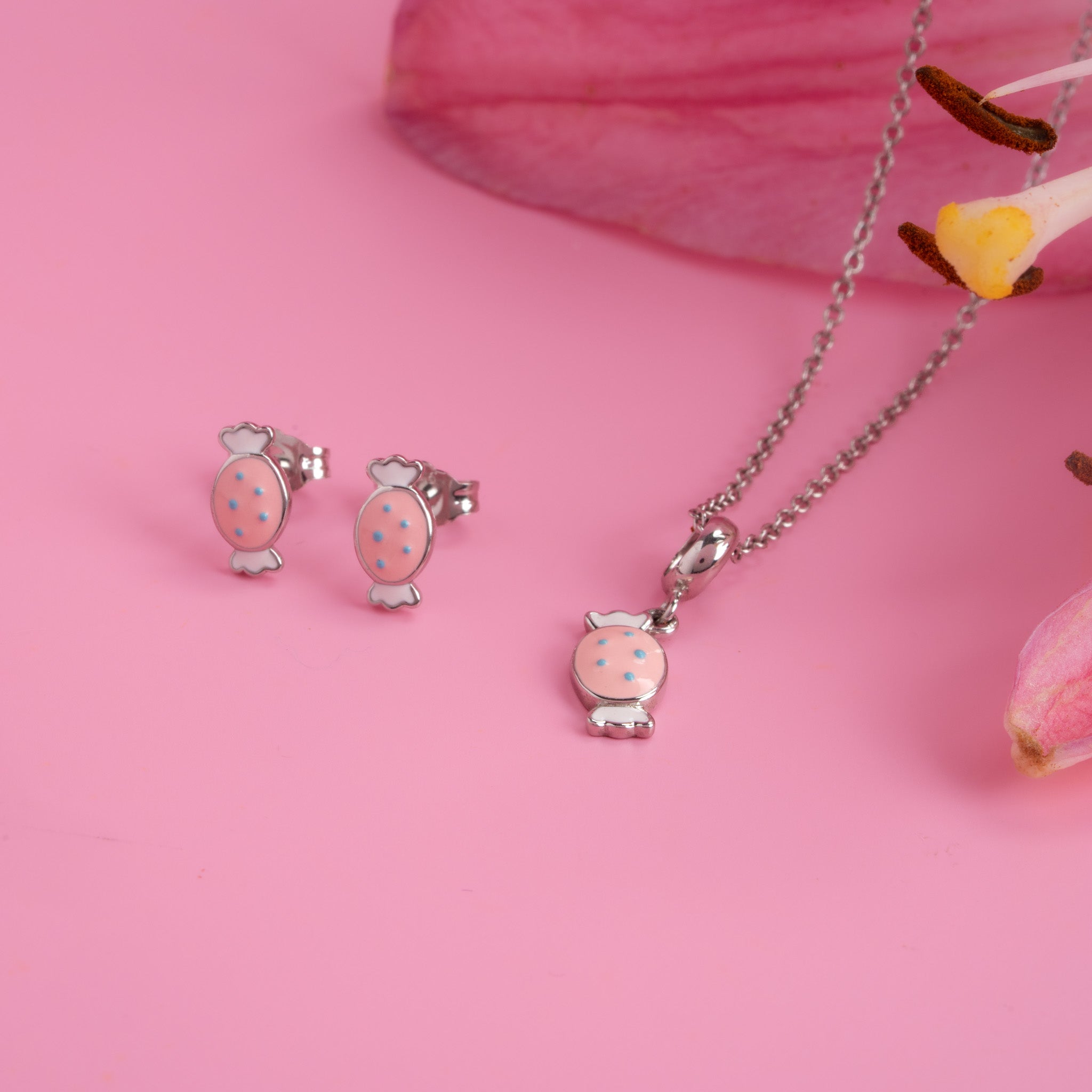 Silver candy pendant necklace and earrings set