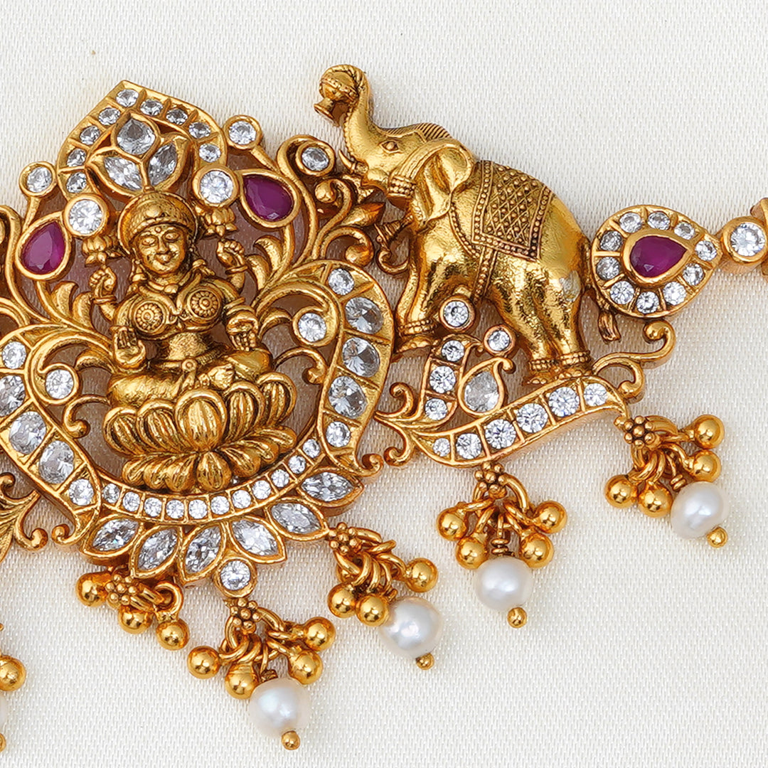 Silver choker with Lakshmi idol and pearl drops