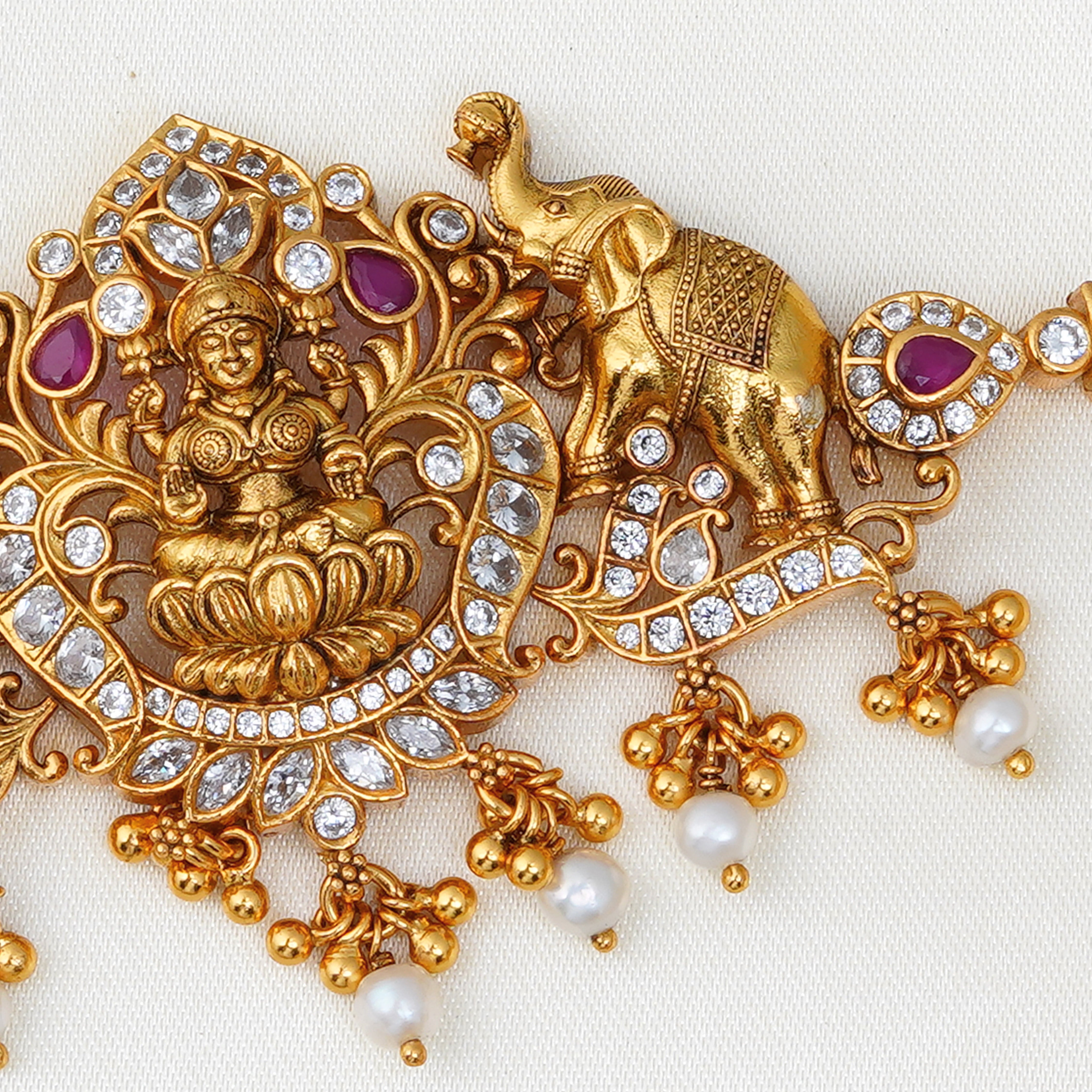 Silver choker with Lakshmi idol and pearl drops