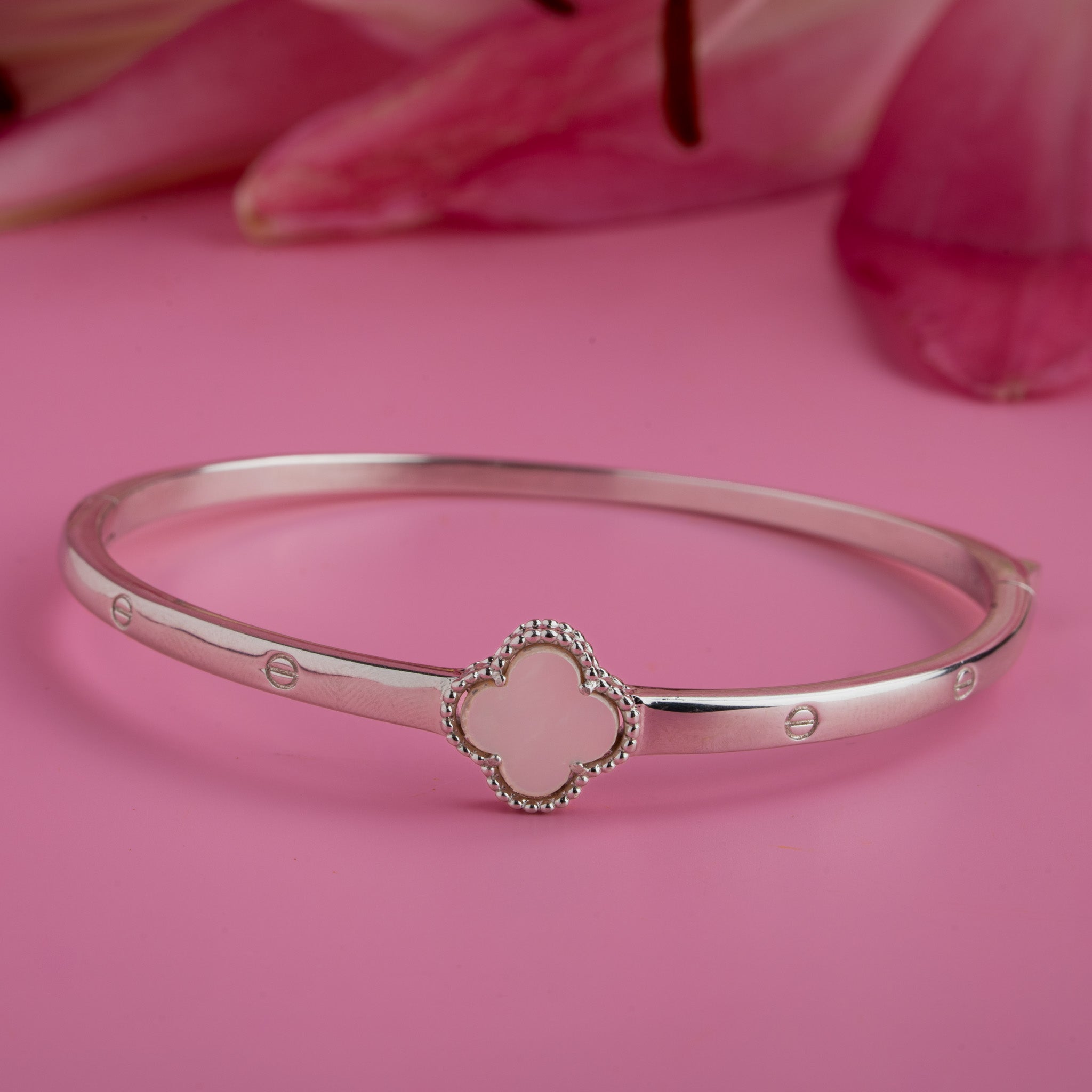 Silver clover kada with white mother of pearl