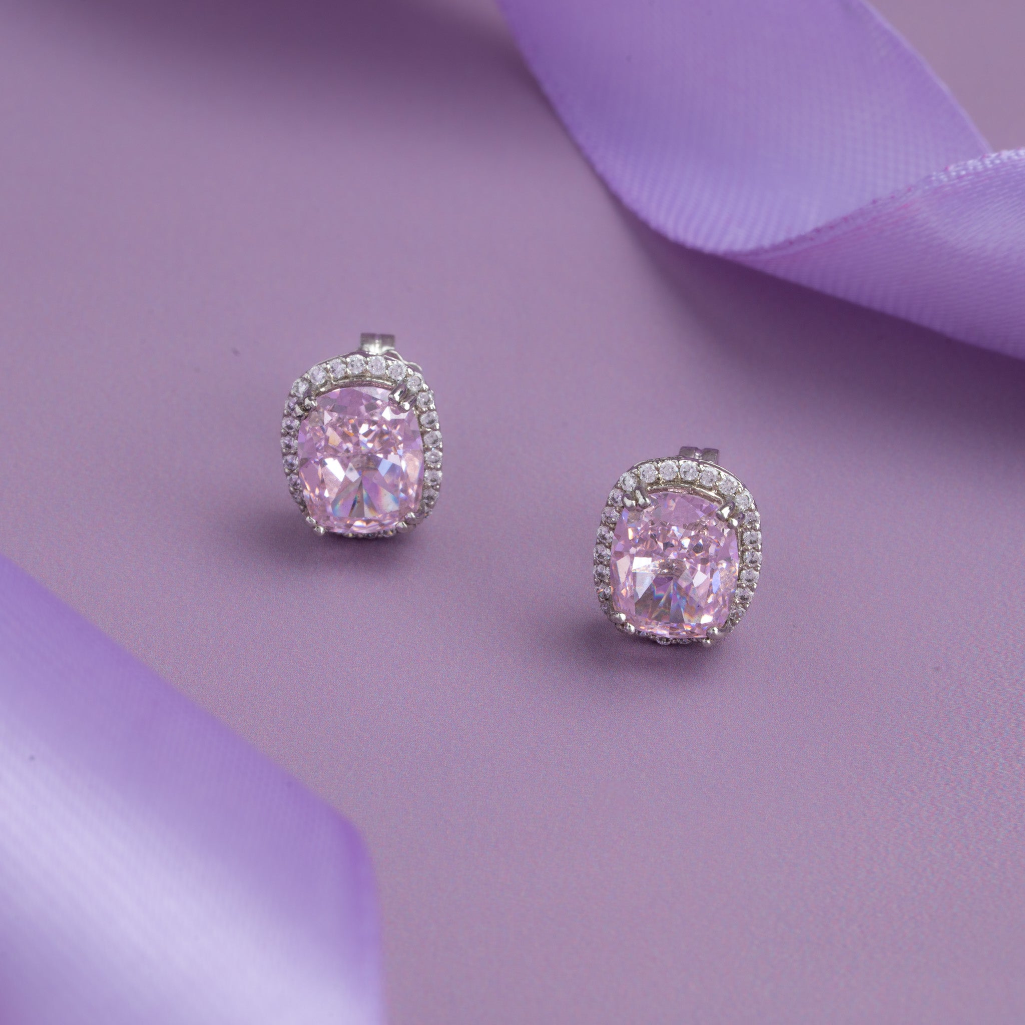 Silver cushion-cut pink cubic zirconia stud