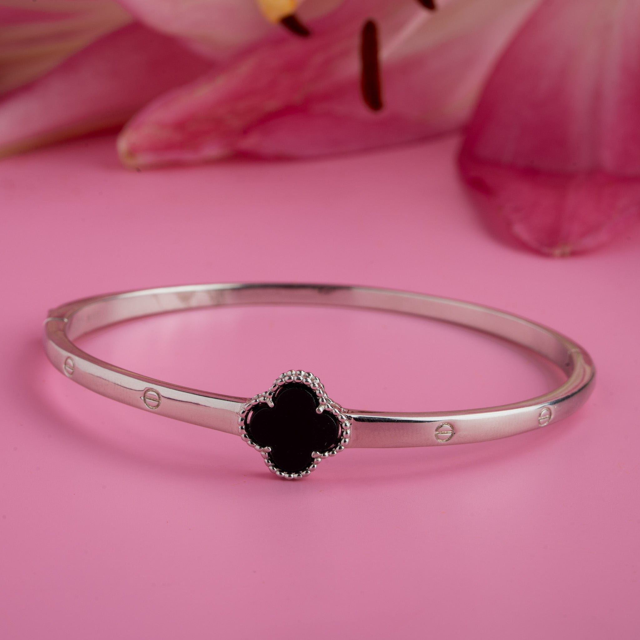 Silver kada with black clover motif