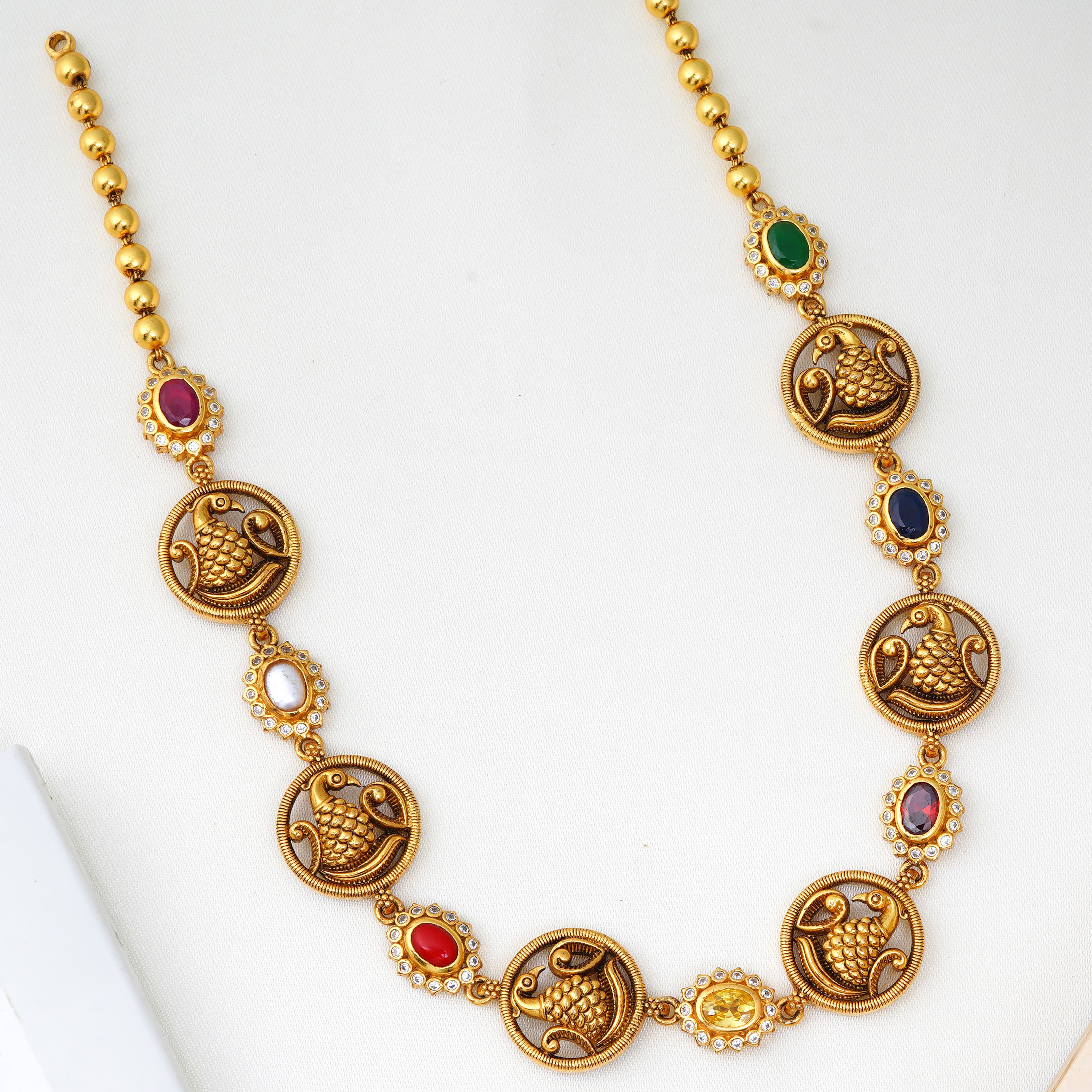 Silver necklace with peacock design and 9 Navarathna stones