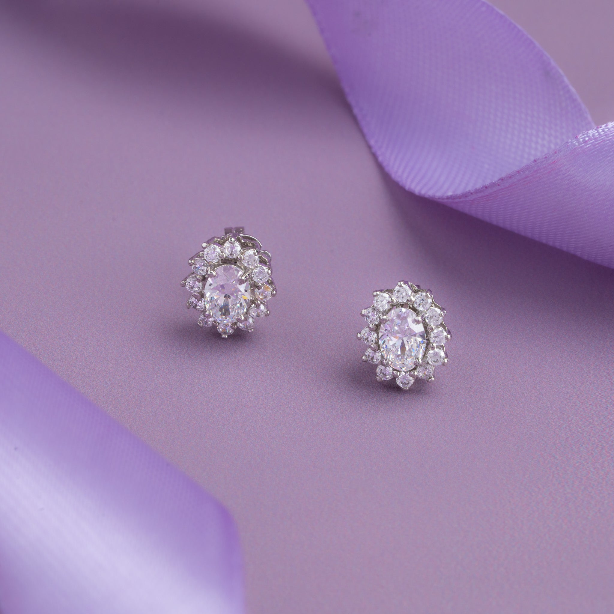 Silver oval cubic zirconia halo stud earrings