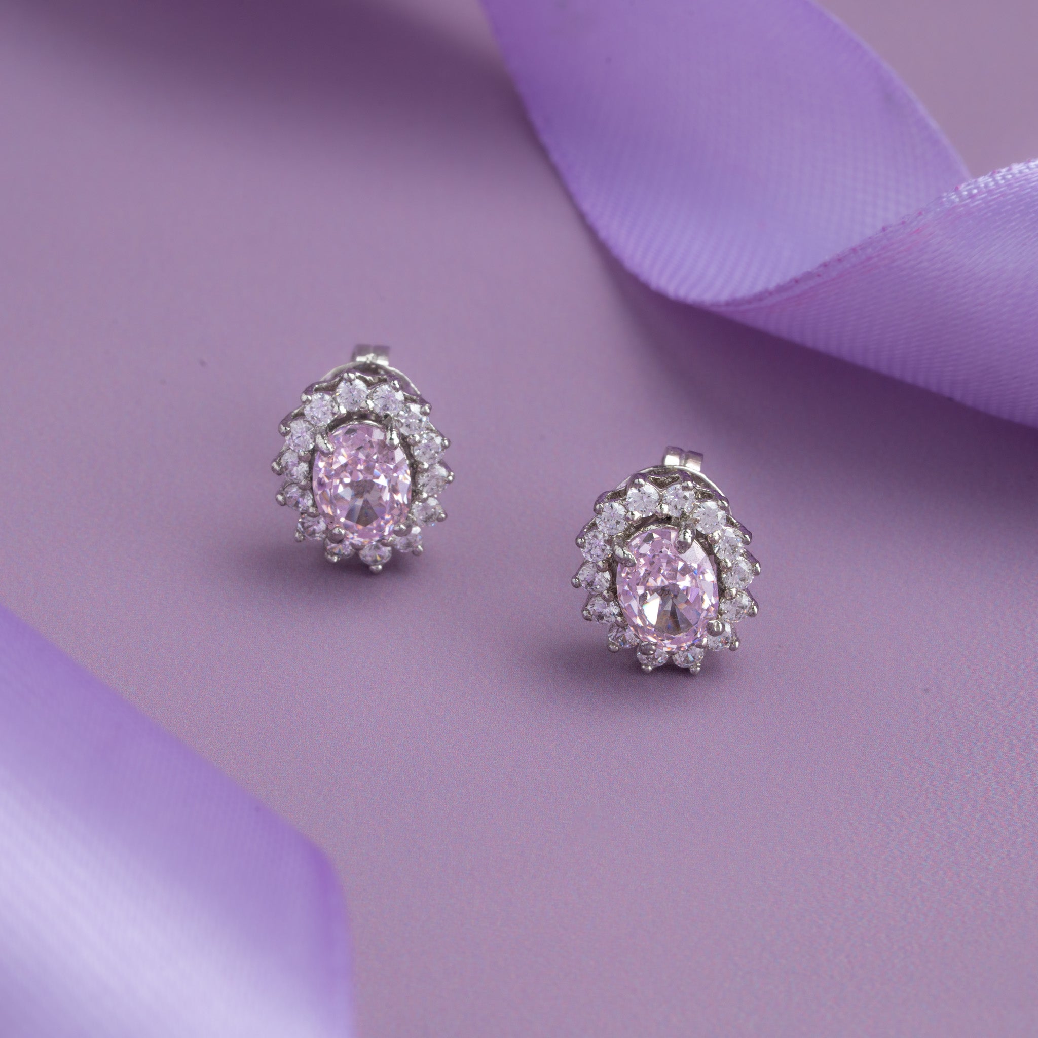 Silver oval pink cubic zirconia stud