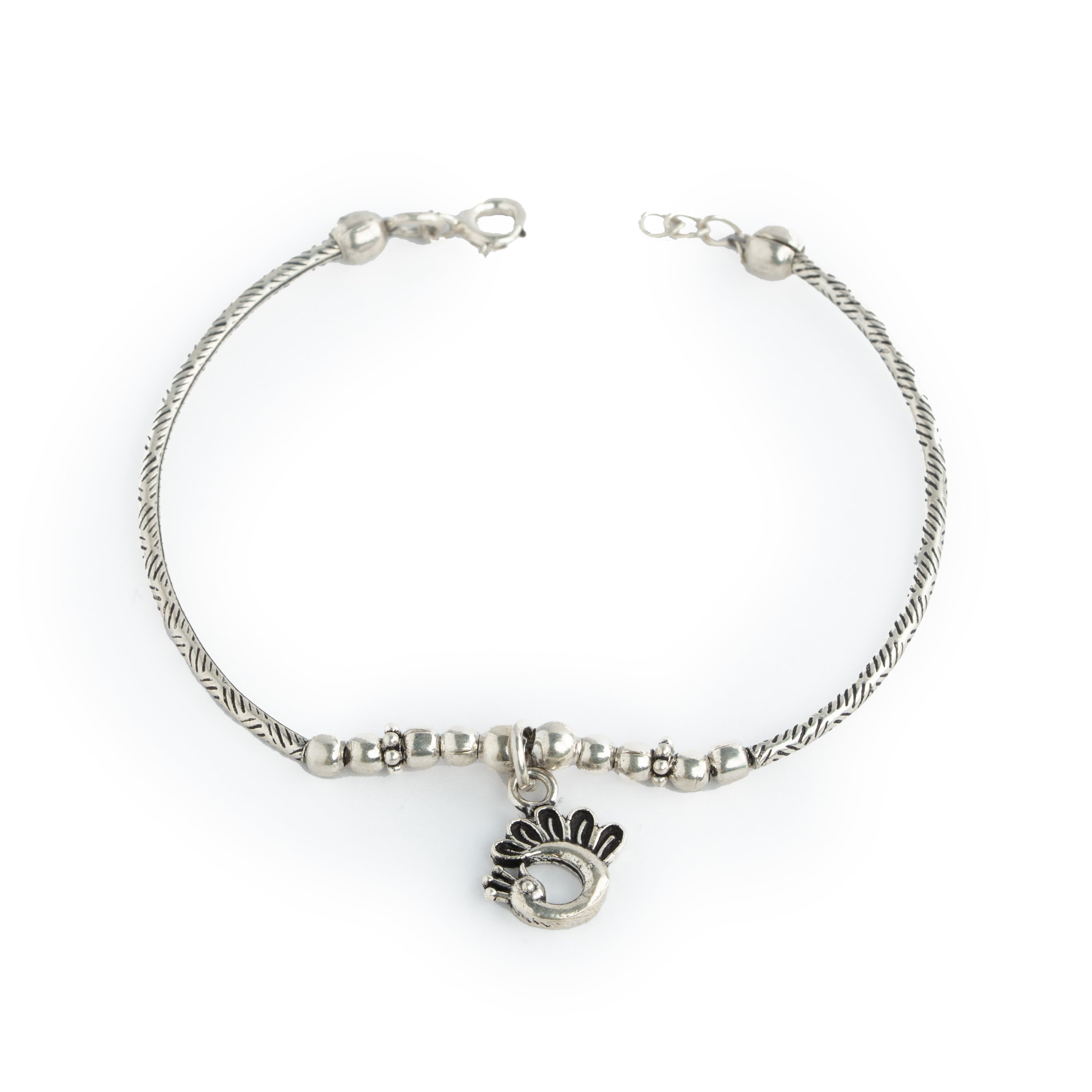  Silver peacock feather motif charm bracelet Ishna