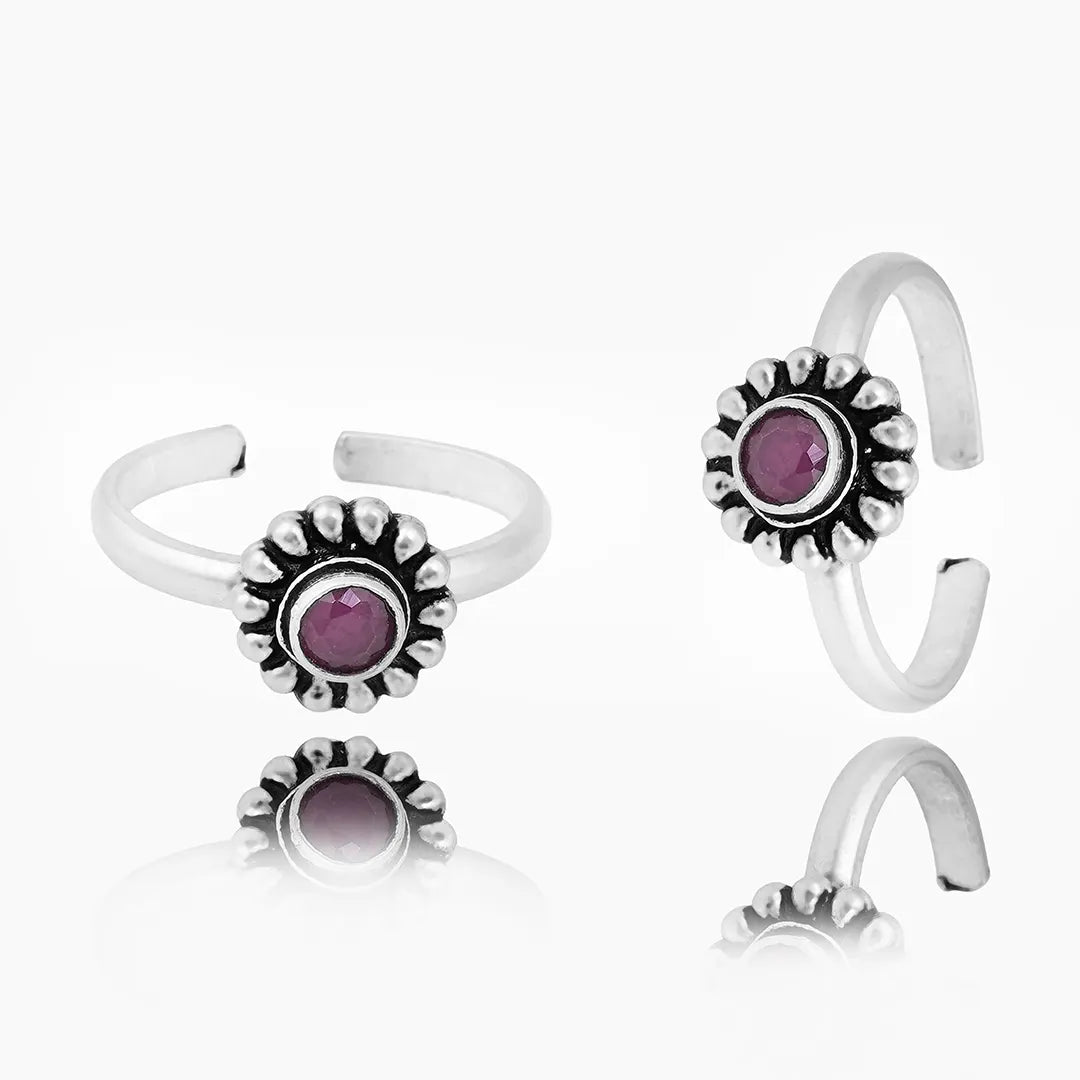 Silver purple stone toe ring with oxidised