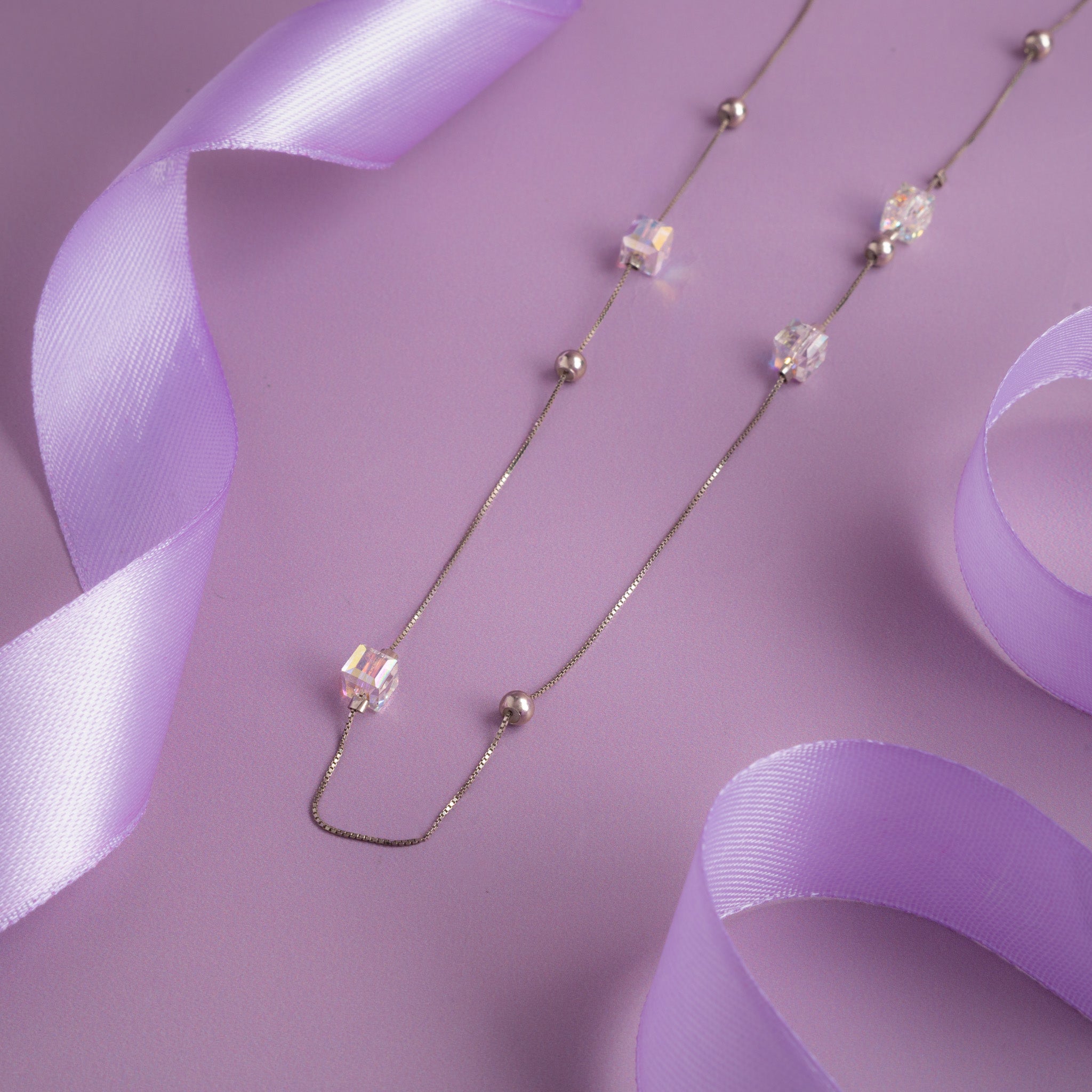 Silver station necklace with crystal cube beads