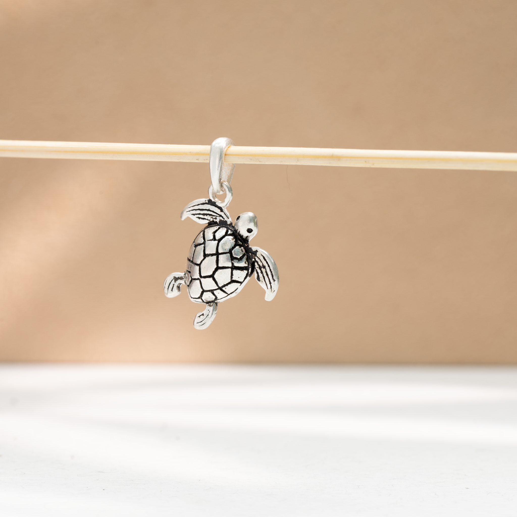 Silver turtle charm pendant close-up
