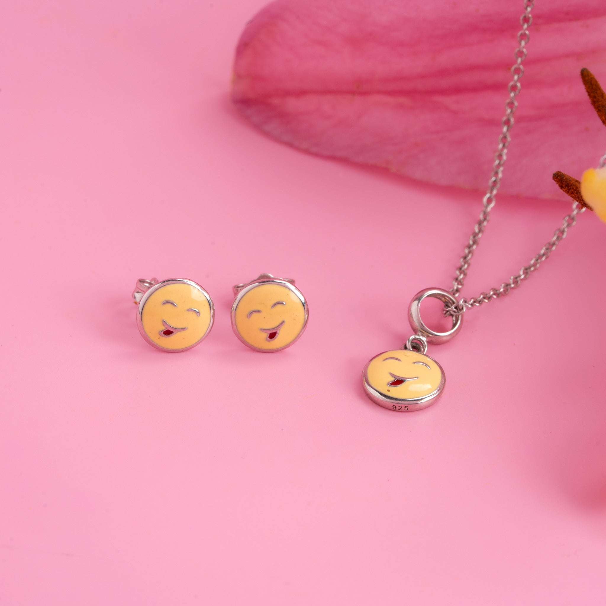 Smiley face silver pendant necklace and earrings set