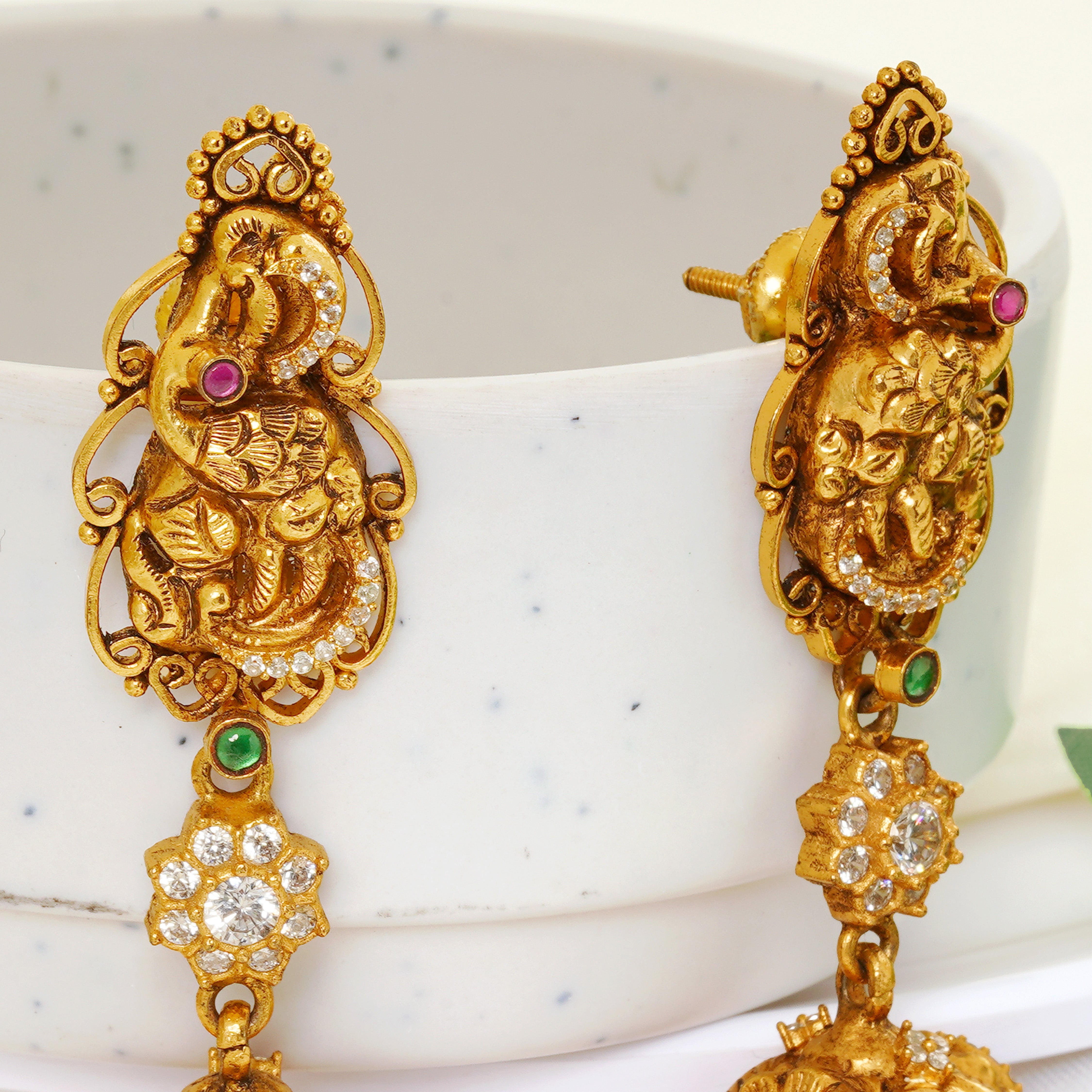 South Indian Jhumkas with Elephant Carving