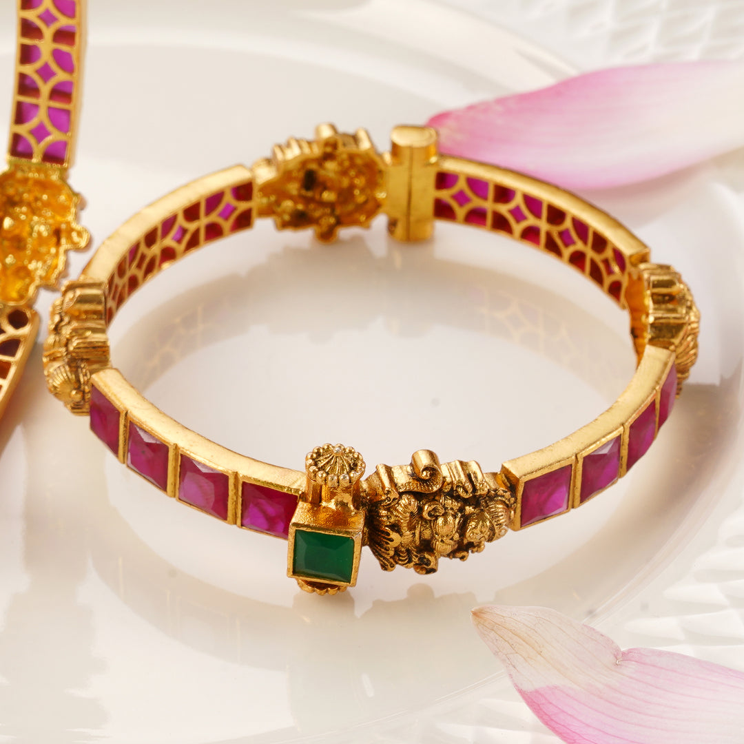 South Indian Temple Jewellery Lakshmi Nagas Bangle with Ruby & Emerald
