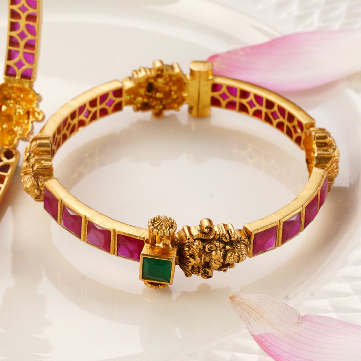 South Indian Temple Jewellery Lakshmi Nagas Bangle with Ruby & Emerald