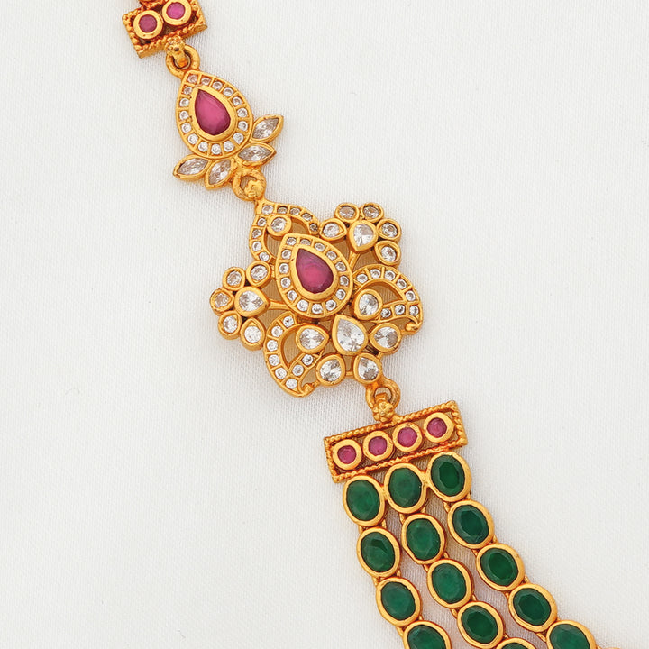 South Indian bridal emerald necklace with three-row green stone design in gold-plated silver