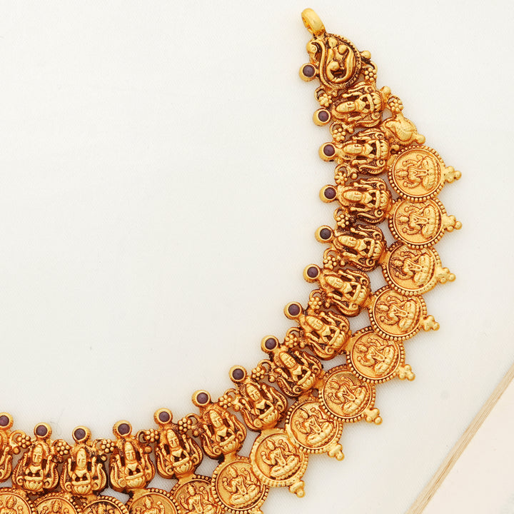 South Indian bridal kasu mala with embossed Lakshmi design
