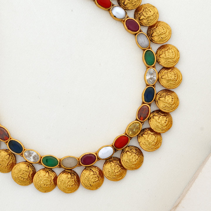 South Indian short chain necklace with navarathna stones and kasu coins